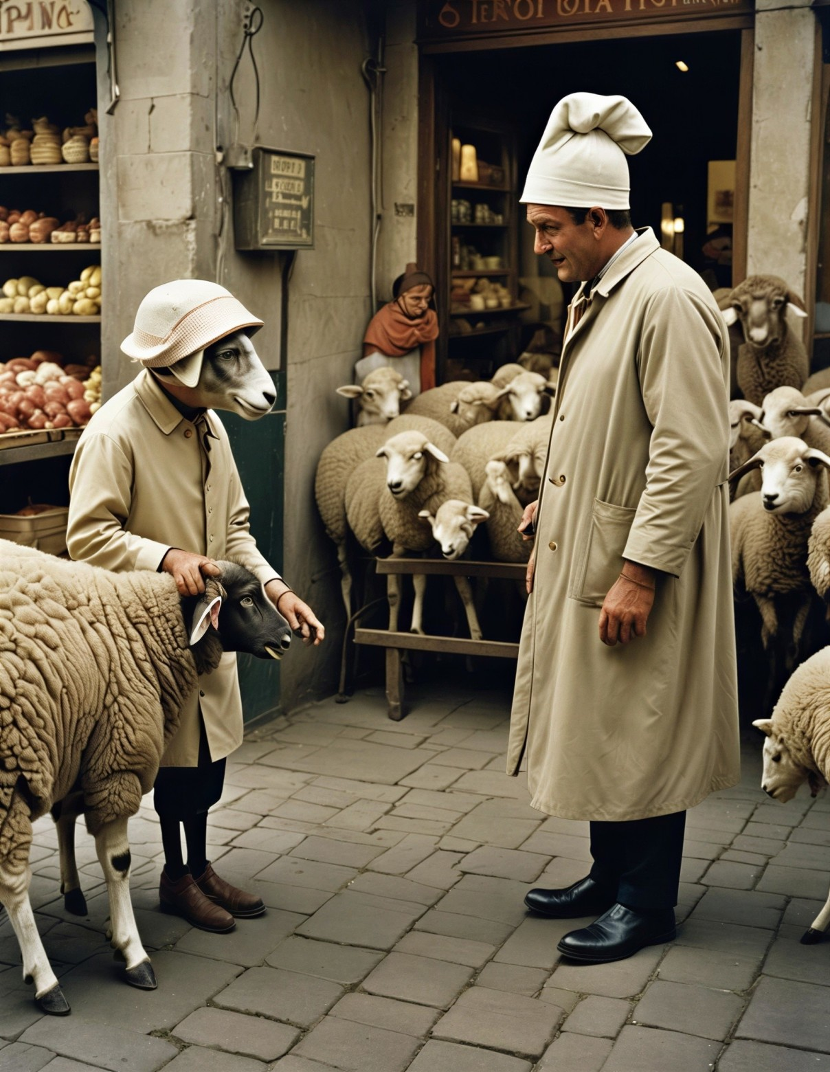 quirky street scene features two men and several sheep