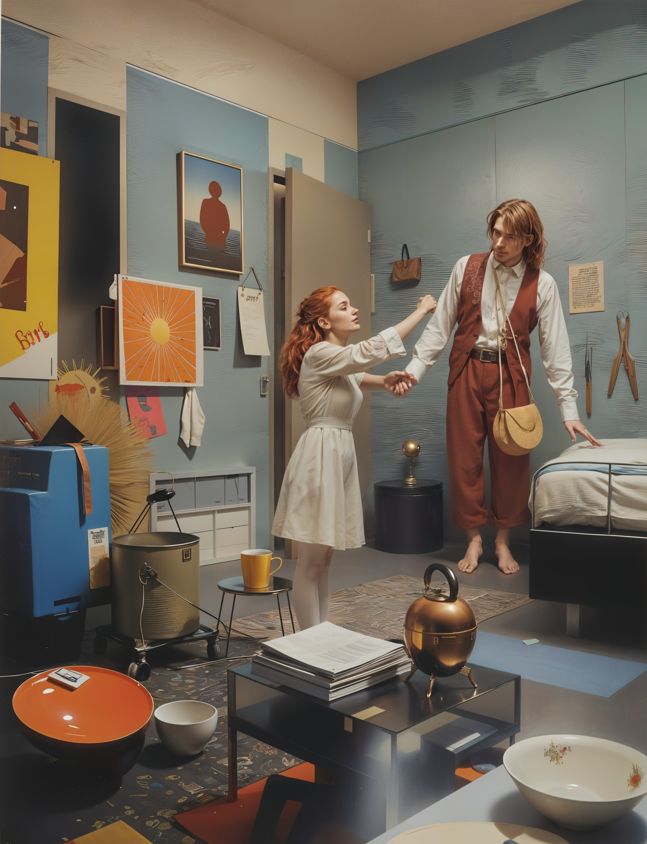 Young woman in white dress gestures in eclectic room