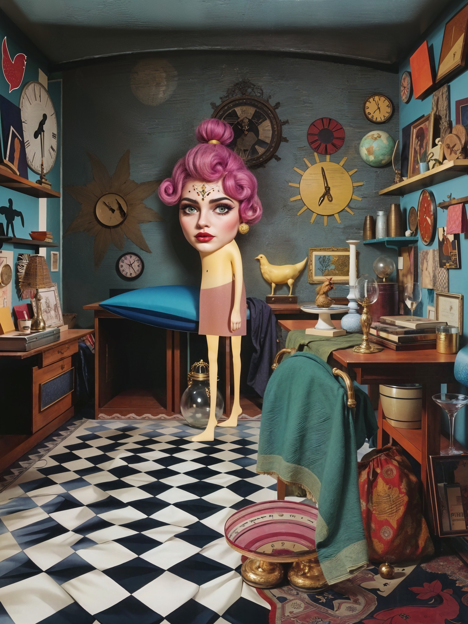 Surreal Room with Eclectic Decor and Oversized Figure