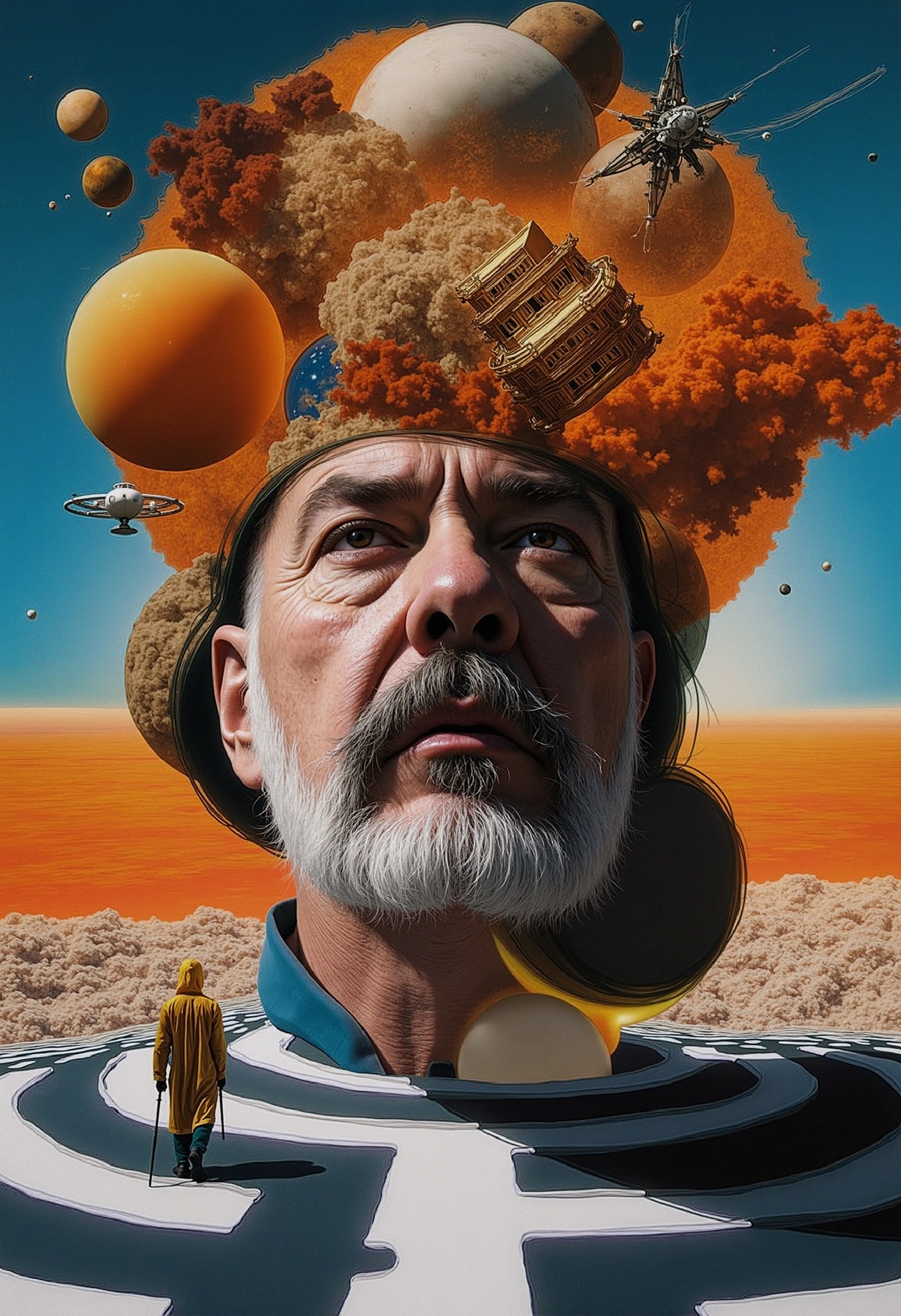 Contemplative Man with Cosmic Imagery and Labyrinth Pathway