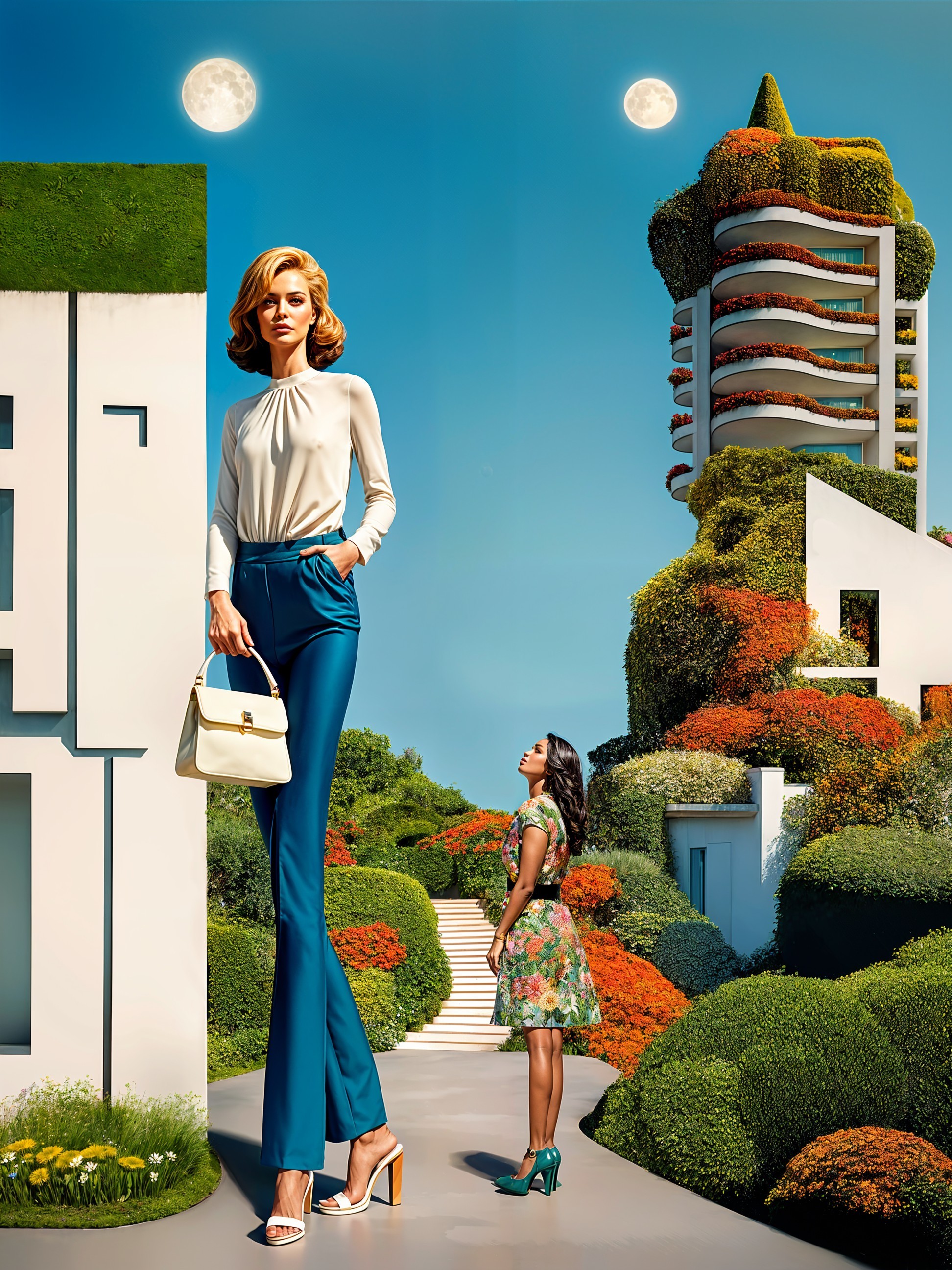 Surreal Landscape with Fashionable Women and Moons