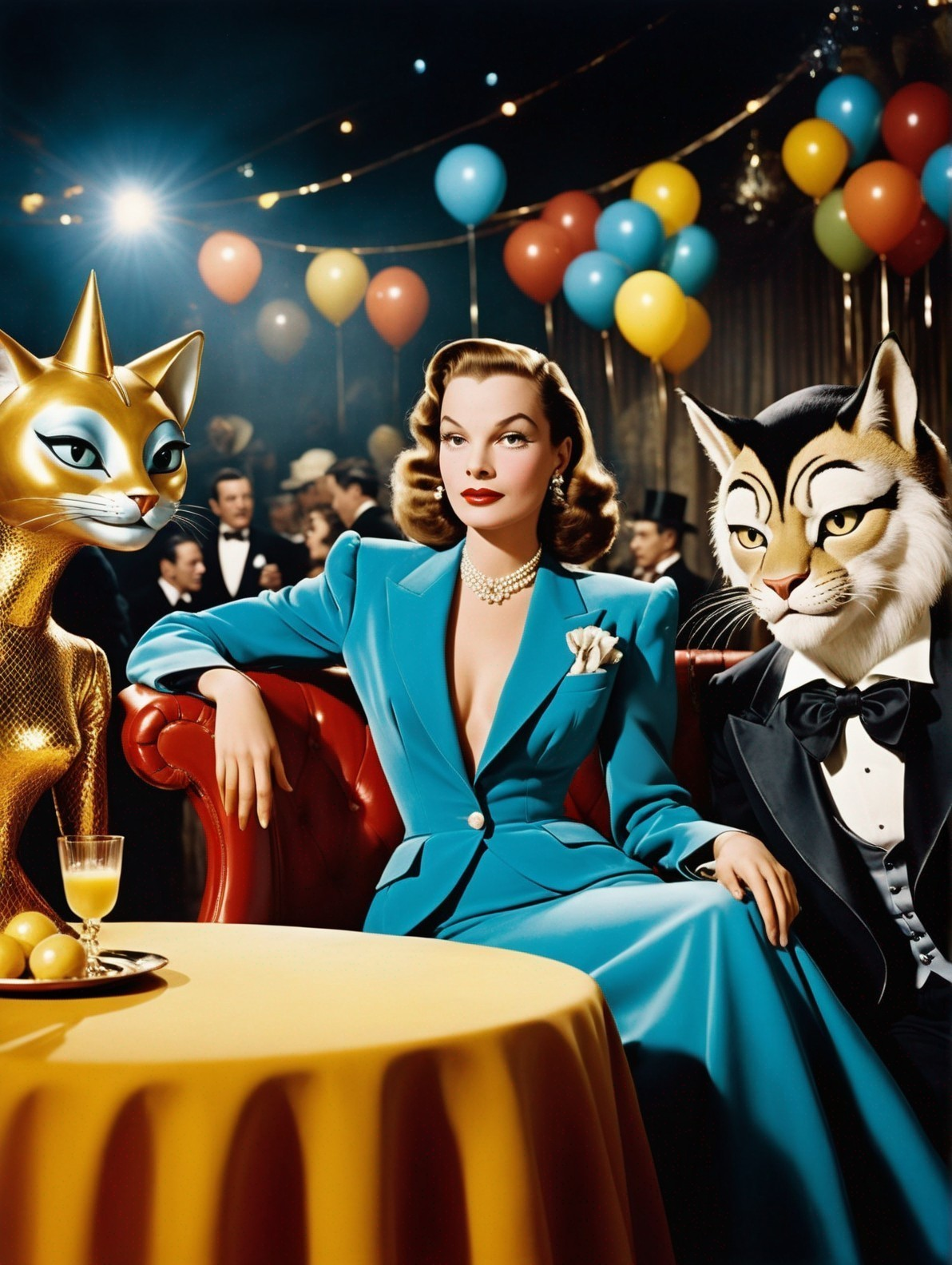Vintage Party Scene with Woman and Anthropomorphic Cats
