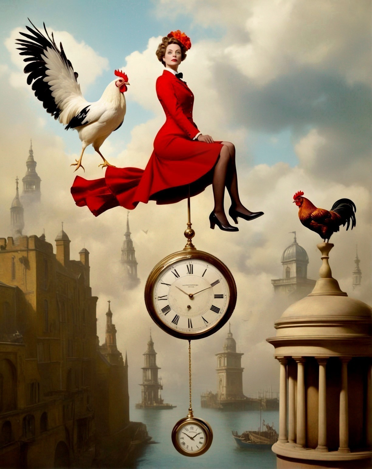 Surreal Scene with Woman in Red Dress and Roosters