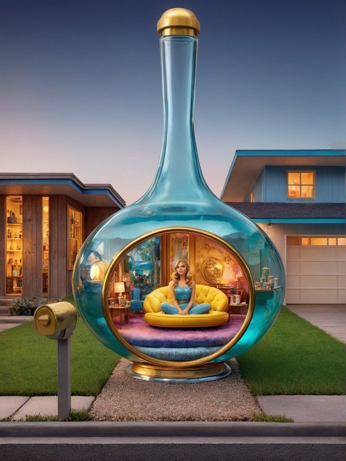 Blue Glass Bottle-Shaped Living Space with Colorful Interior