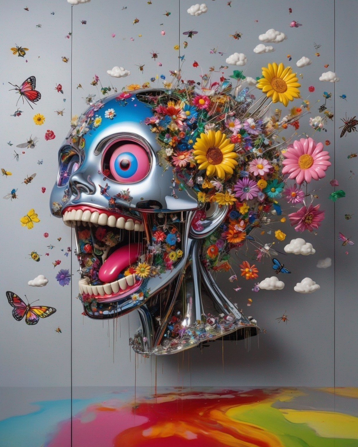 Surreal Metallic Skull Surrounded by Flowers and Butterflies