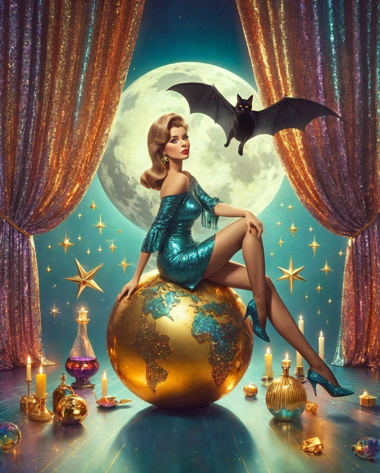 Glamorous Figure in Teal Dress on Gold Globe with Moon