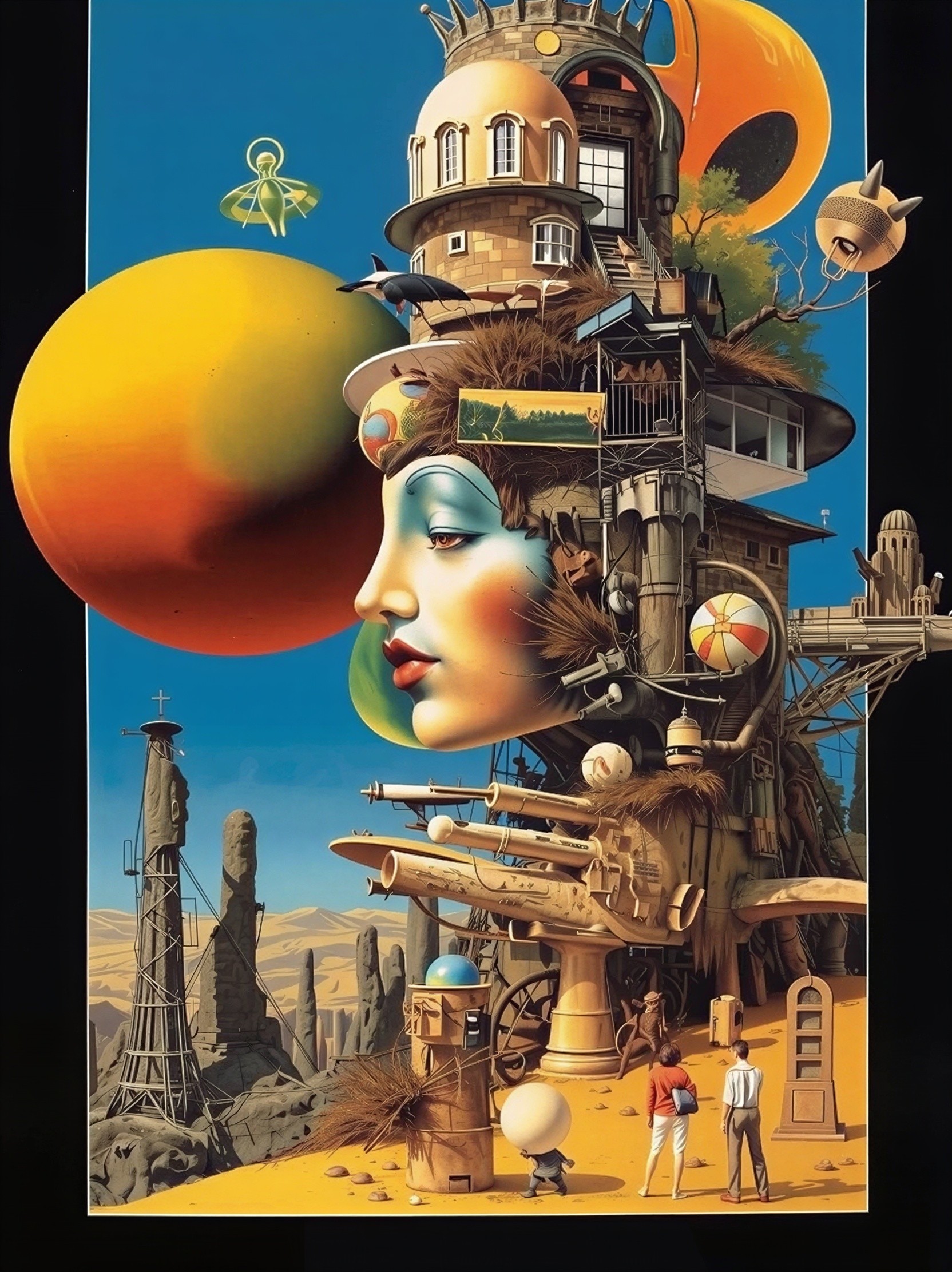 Surrealist Painting of Woman's Head in Desert Landscape