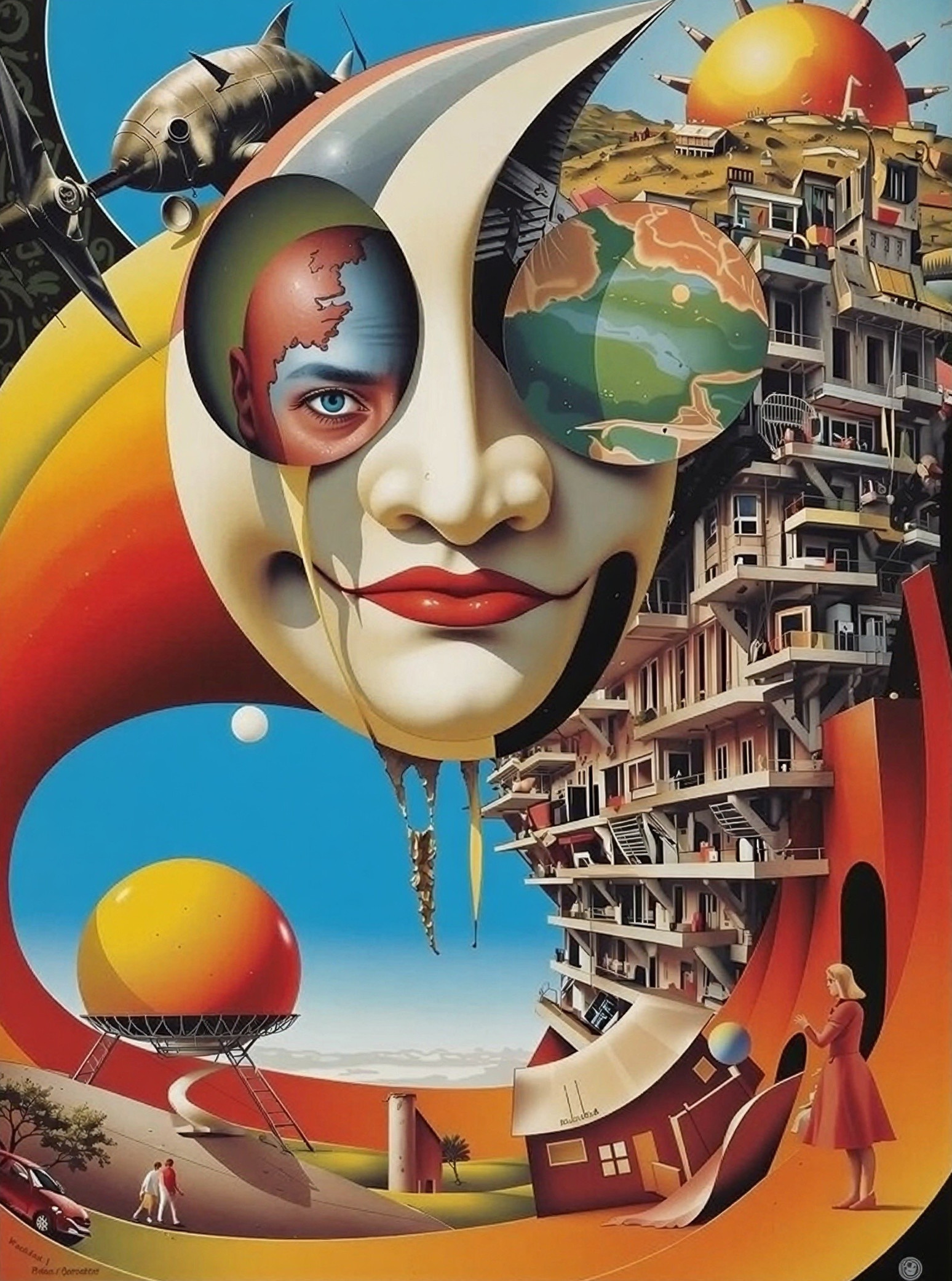 Surrealist Painting with Giant Face and Globe Elements