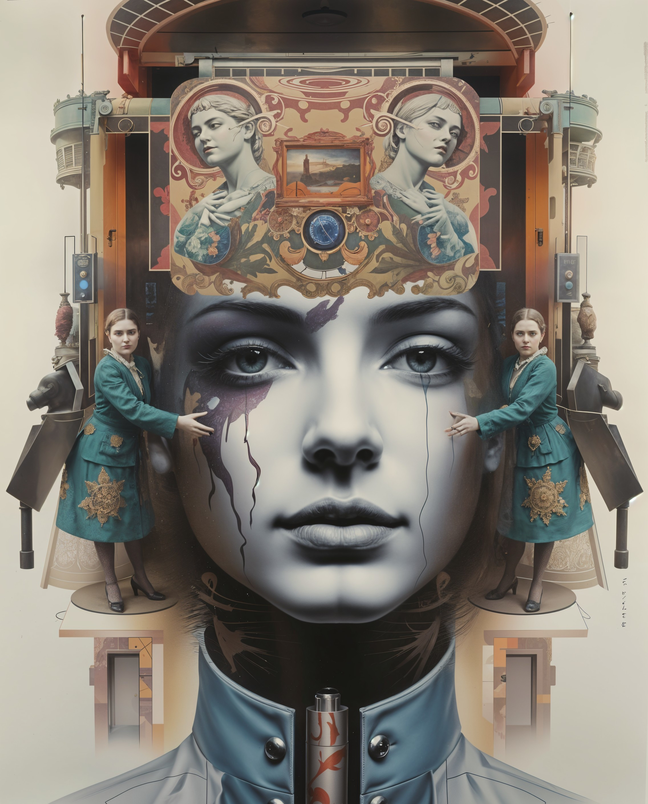 Surreal Composition with Stylized Face and Figures