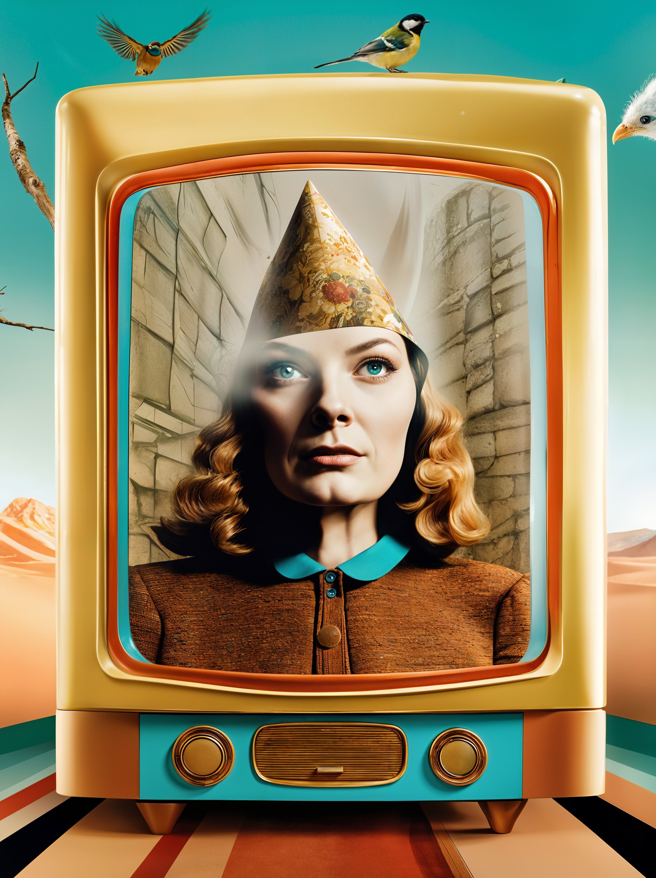 Vintage Television Set with Woman in Whimsical Scene