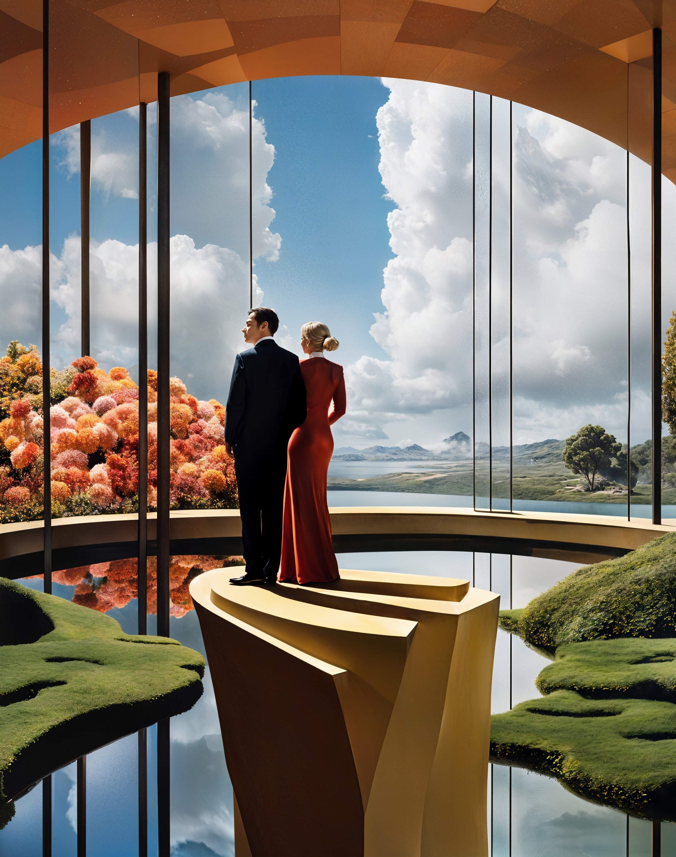 Couple on Golden Platform Overlooking Vibrant Landscape