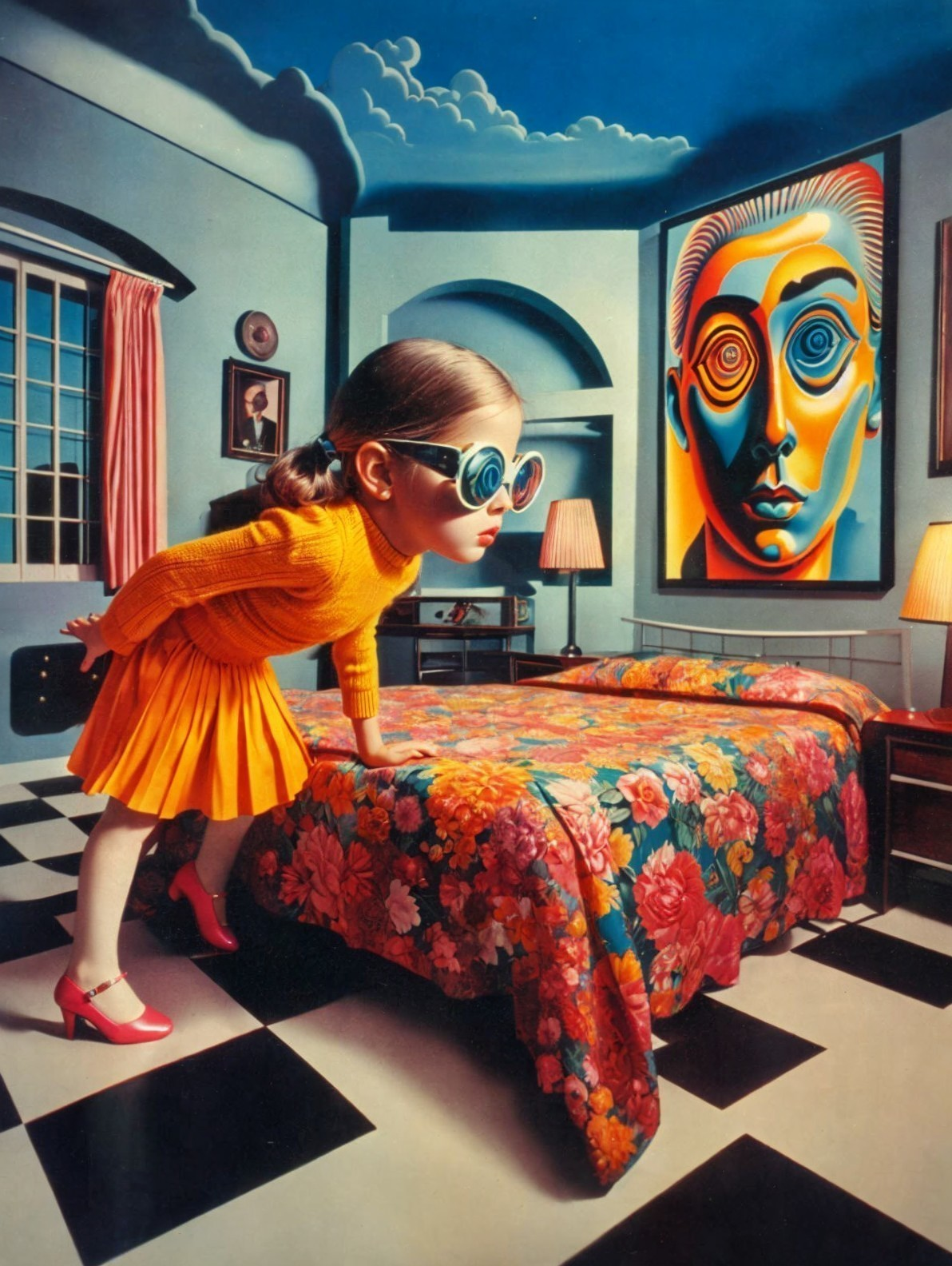 Surreal Scene of a Young Girl in Retro Attire