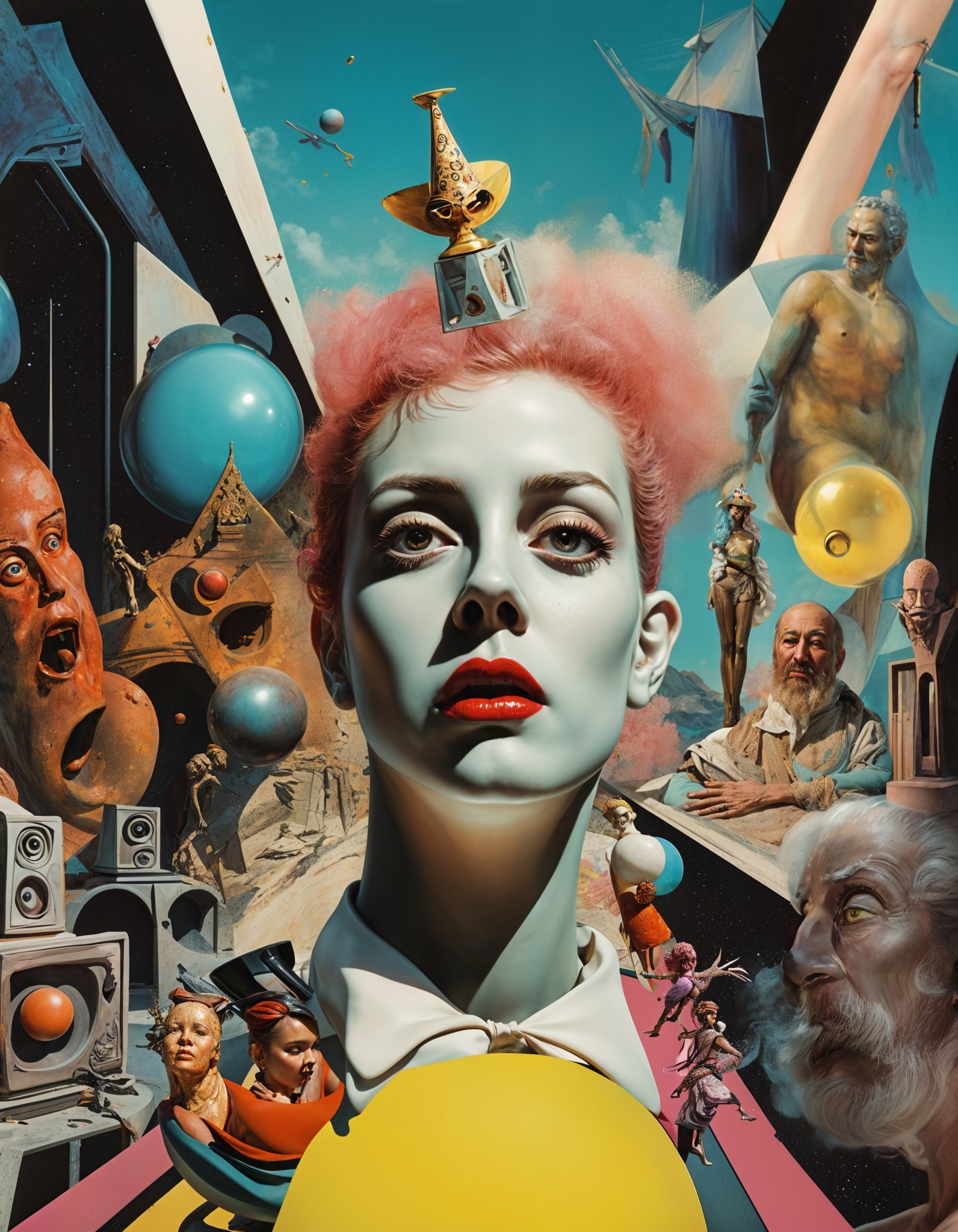 Surreal Collage with Pastel Pink Hair and Abstract Elements