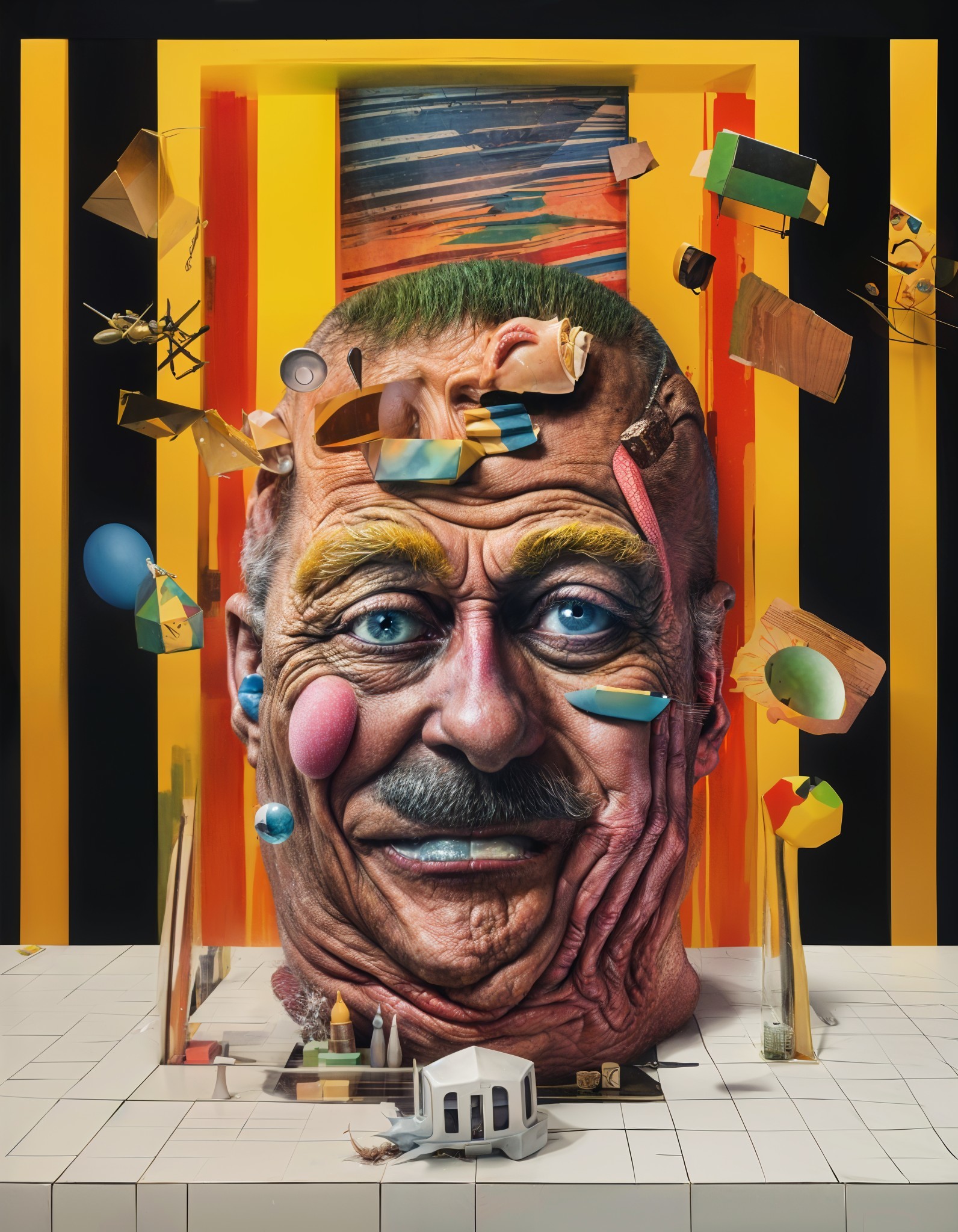 Surreal Sculpture of a Man's Head with Geometric Shapes