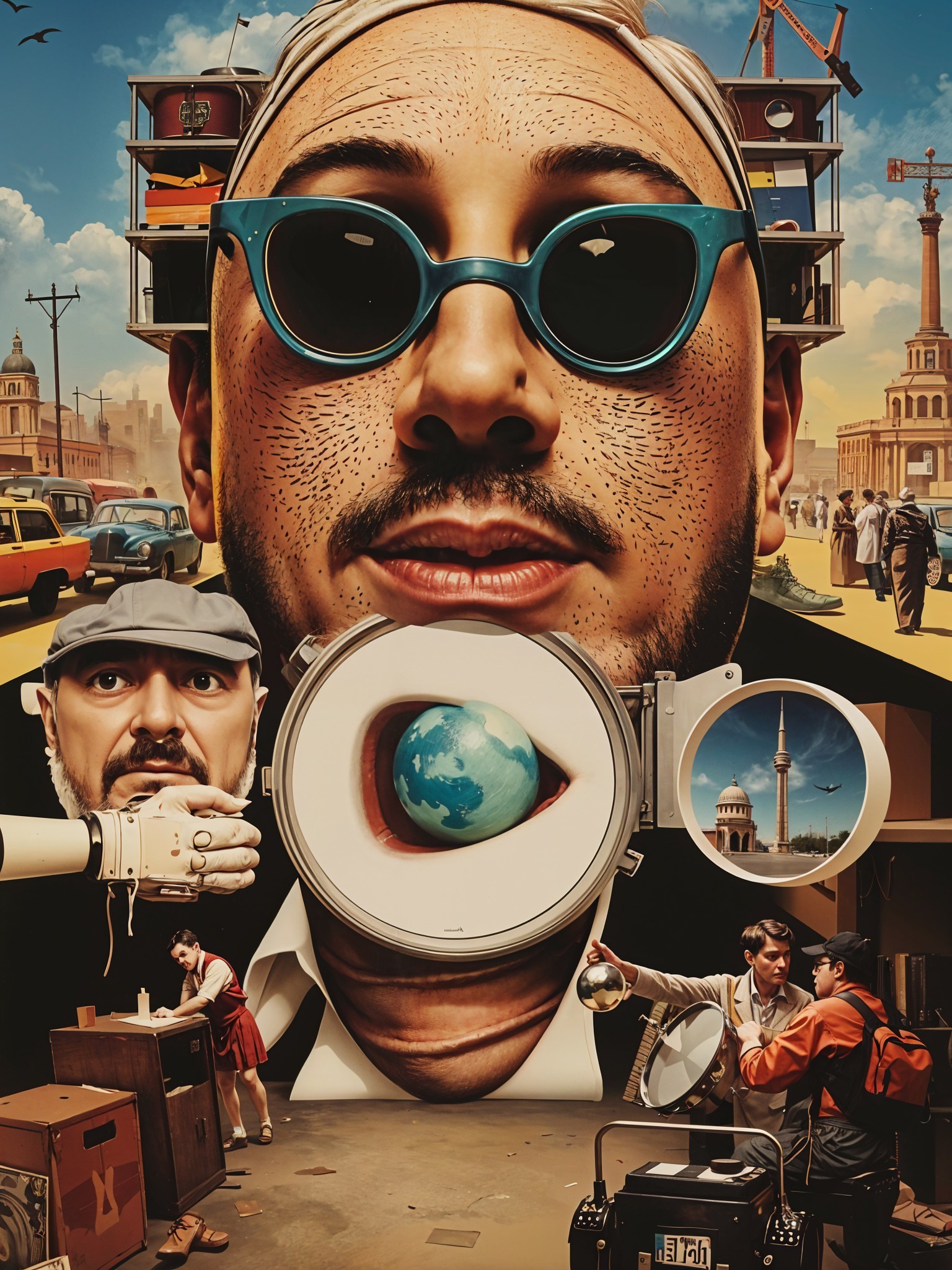 Surreal Urban Scene with Expressive Face and Globe Eye