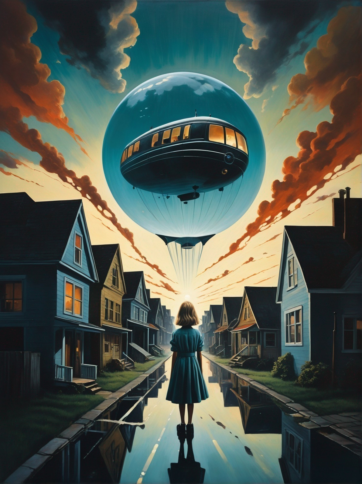 Young girl observes glowing hot air balloon at dusk