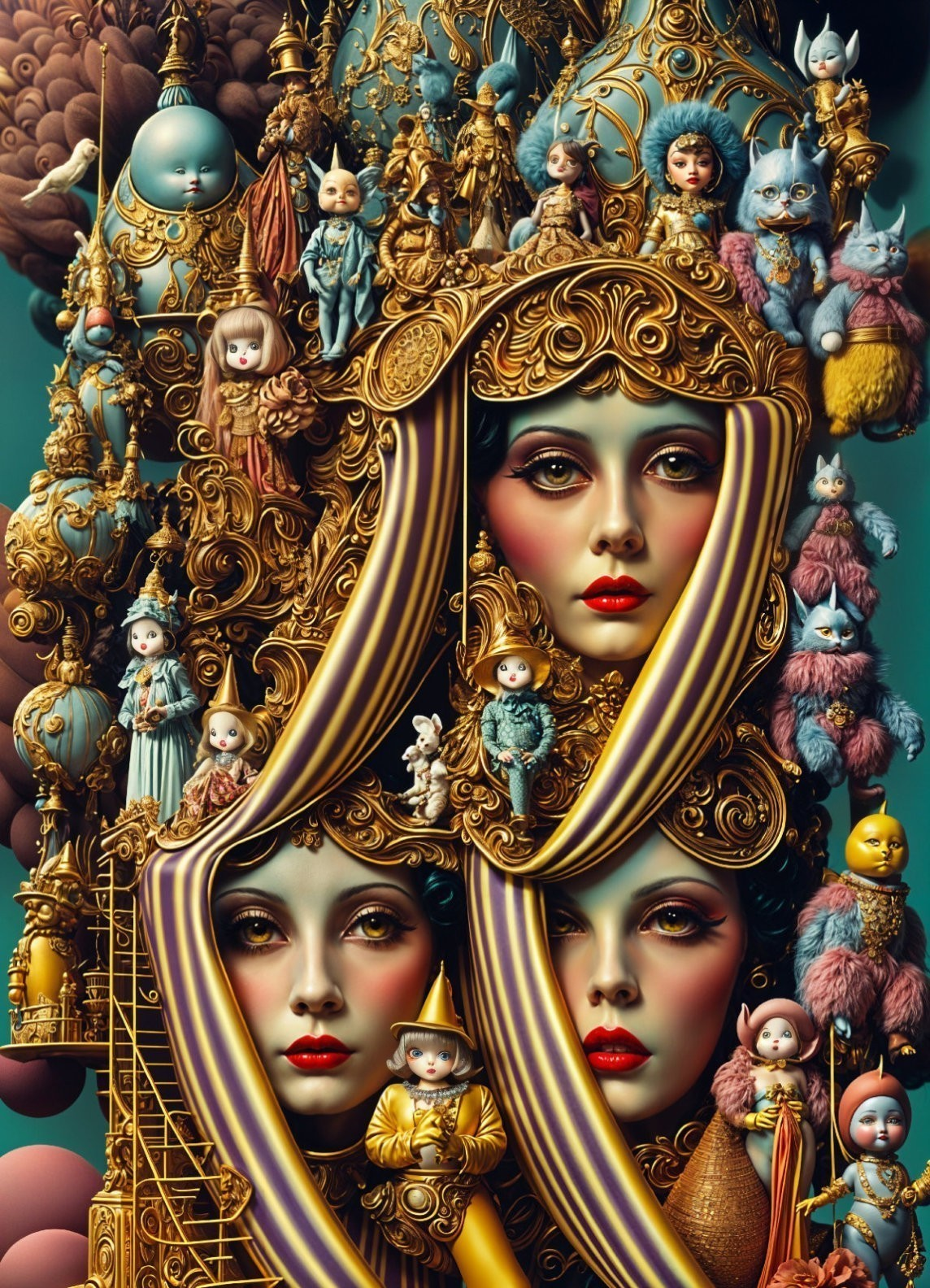 Surreal Artwork with Golden Figures and Whimsical Faces