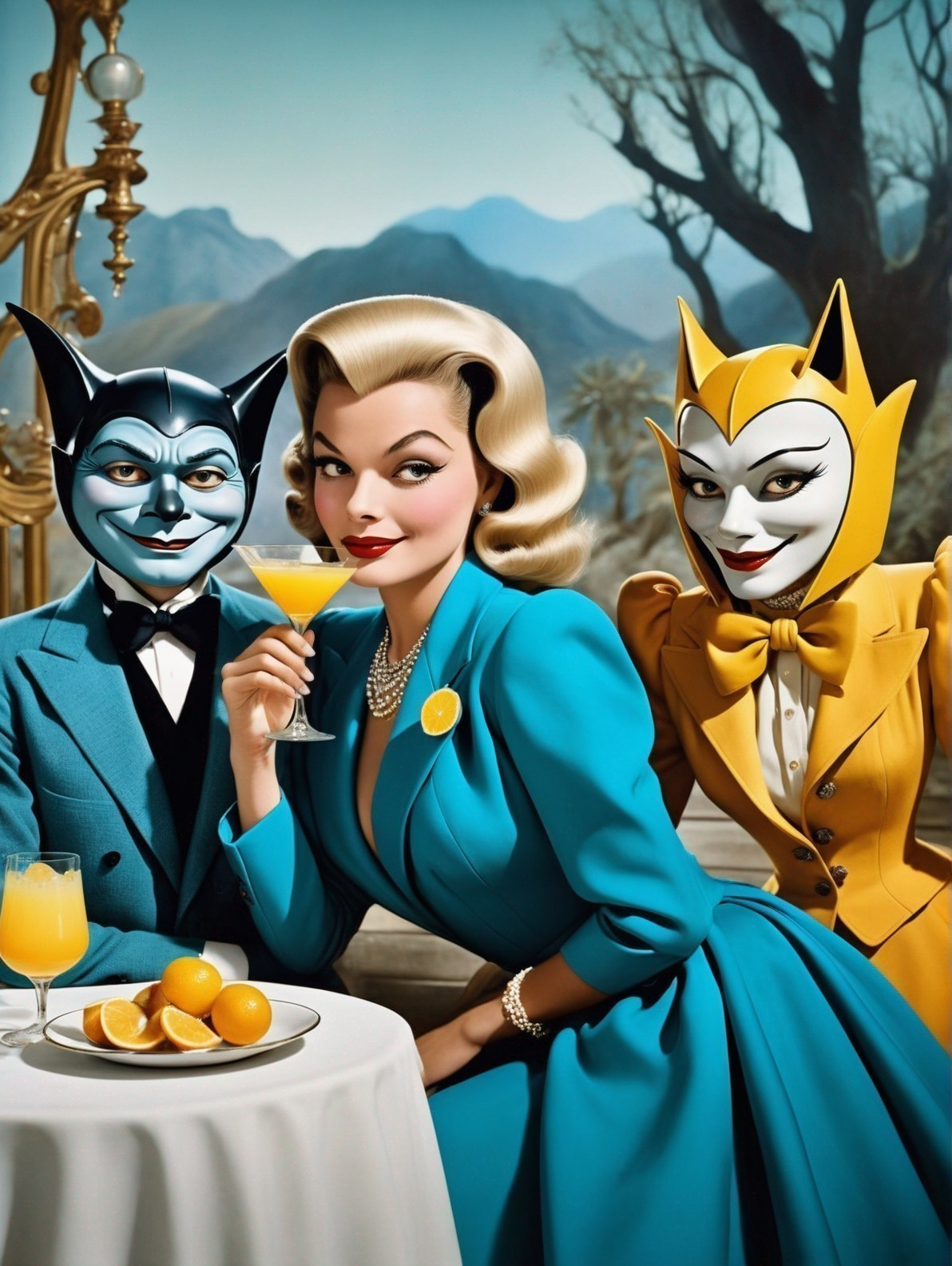 Glamorous Vintage Scene with Stylish Woman and Characters