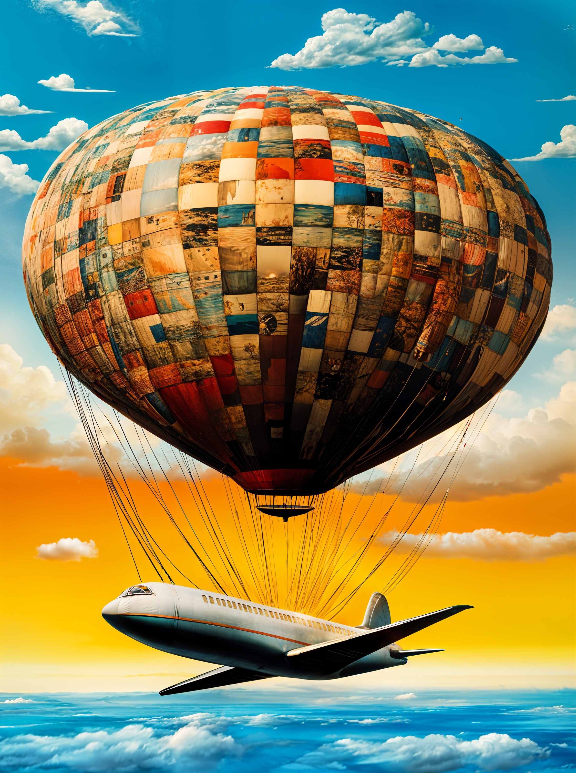 Whimsical Hot Air Balloon and Airplane in Bright Sky