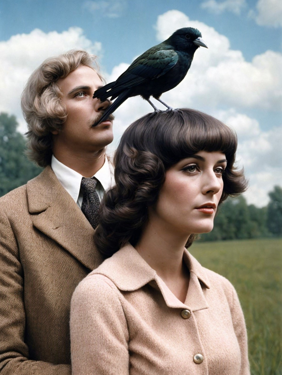 Stylish Couple in Lush Field with Unique Bird