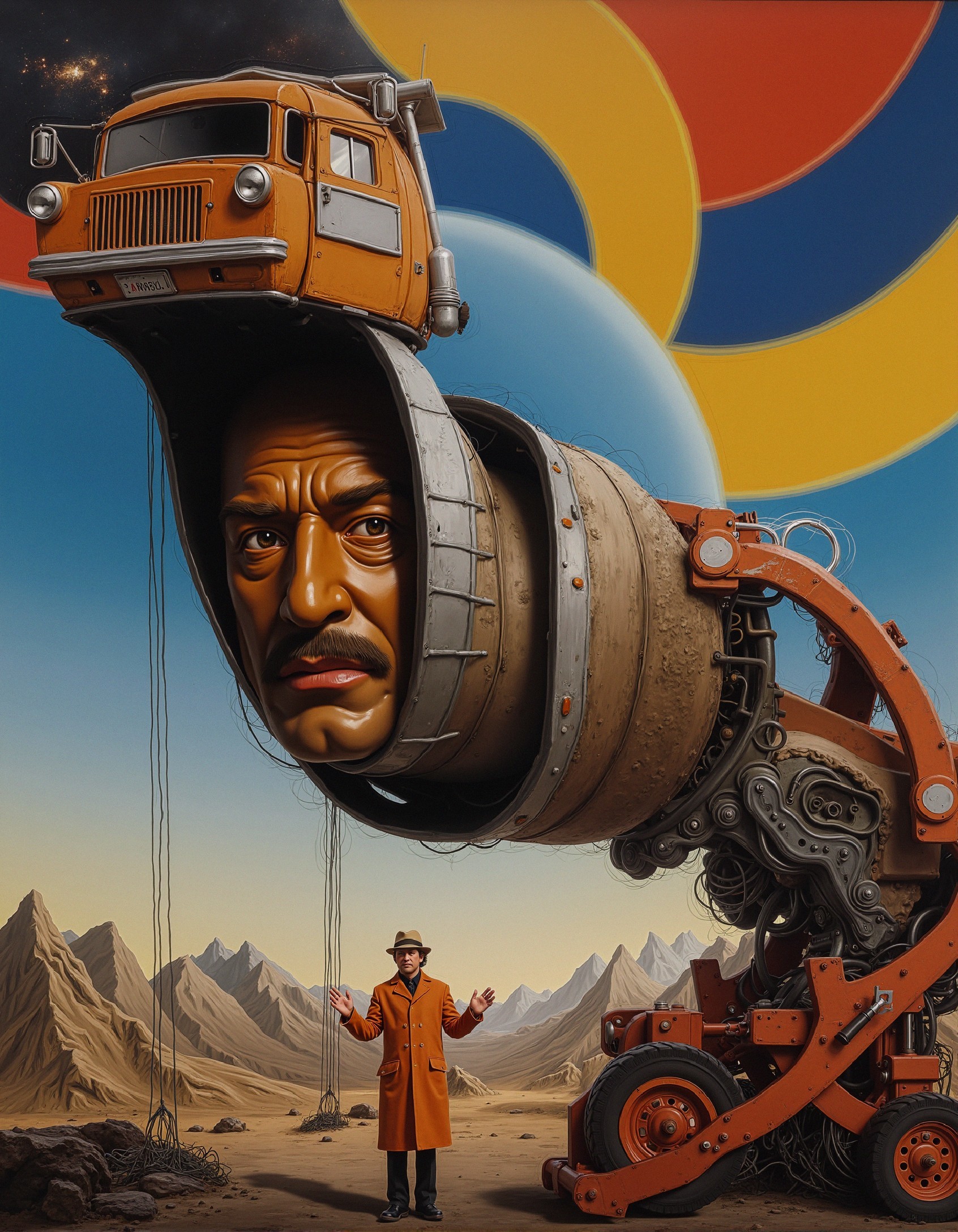 Surreal Scene of Humanoid Figure with Truck Head