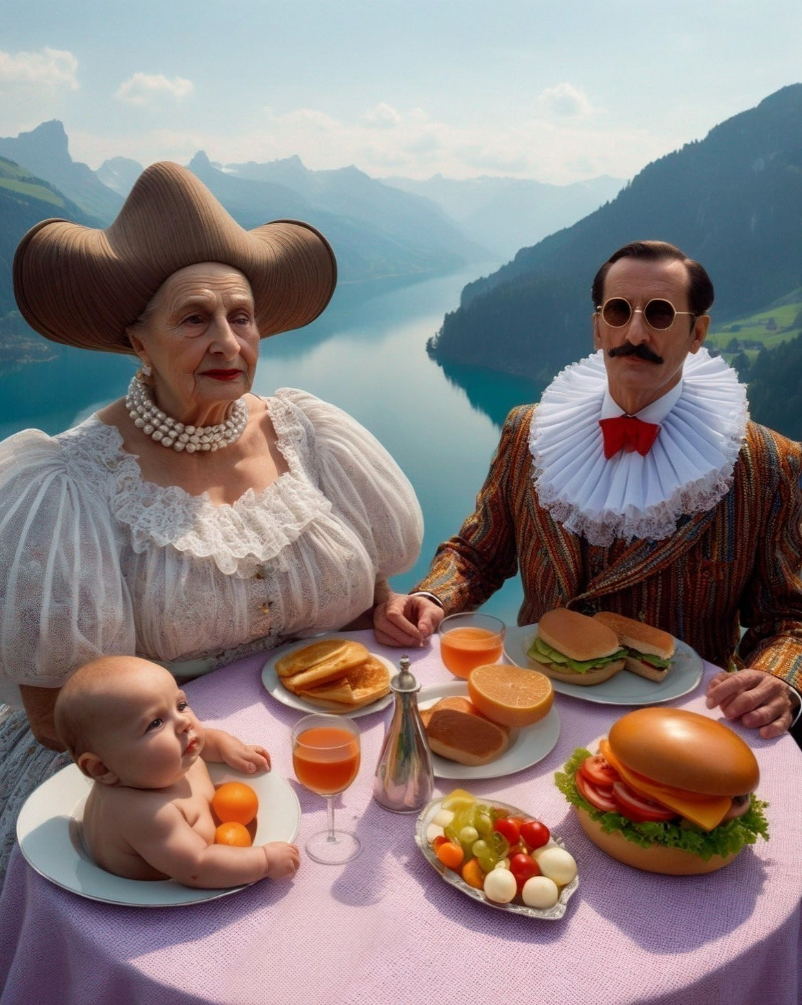 Whimsical Outdoor Scene with Elegant Couple and Breakfast