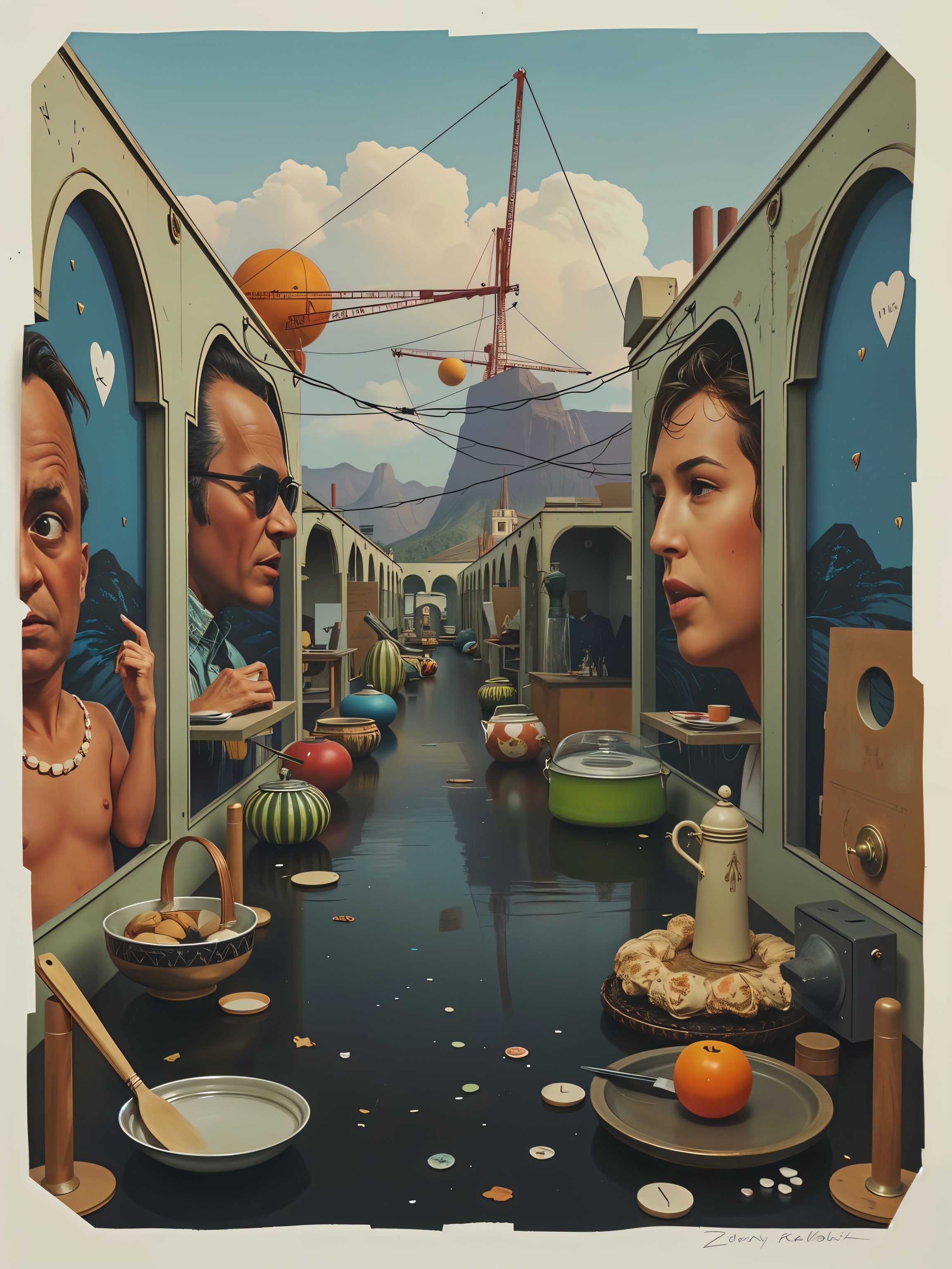 Surreal Scene with Two Faces and Dreamlike Elements