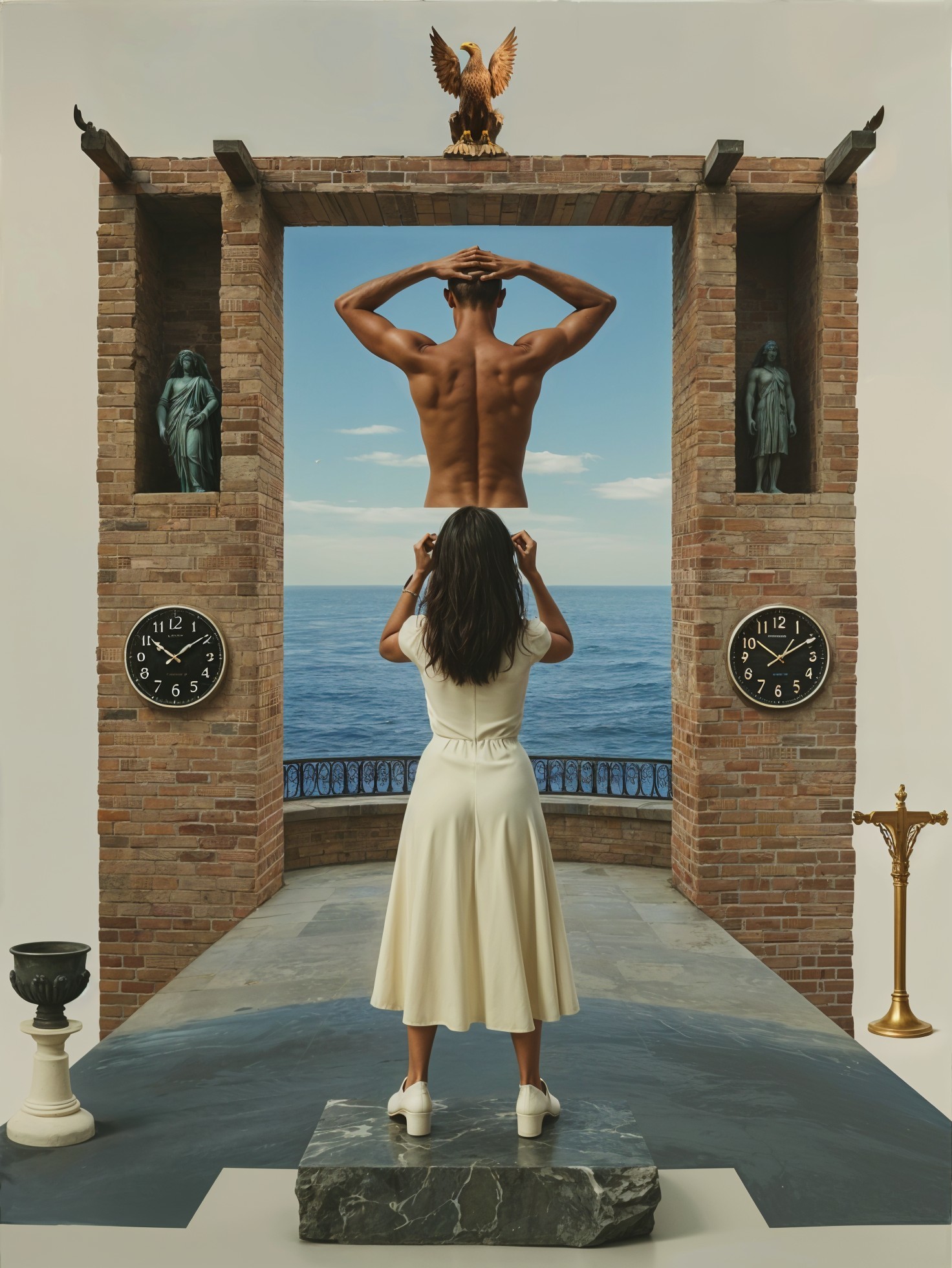 Woman in Cream Dress Framed by Archway and Sea View