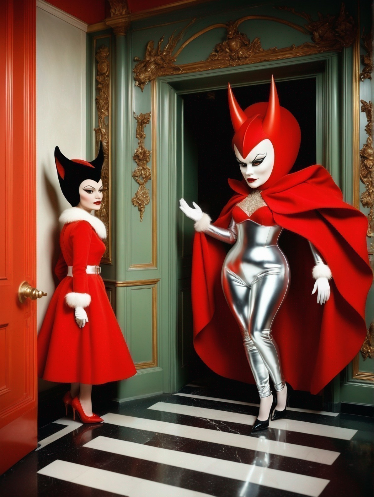 Stylized Setting with Two Female Figures in Doorway