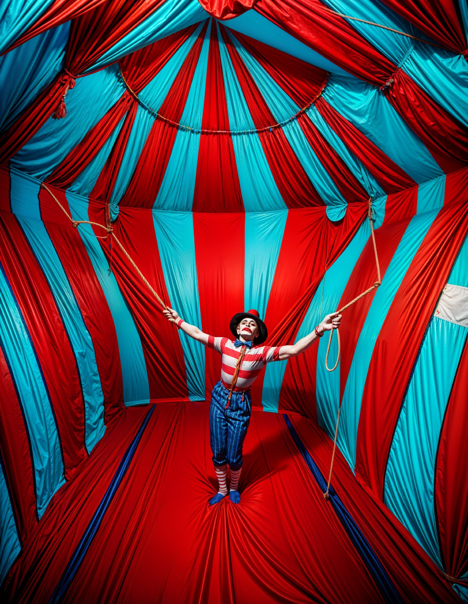 Cheerful Clown in Vibrant Circus Tent Atmosphere