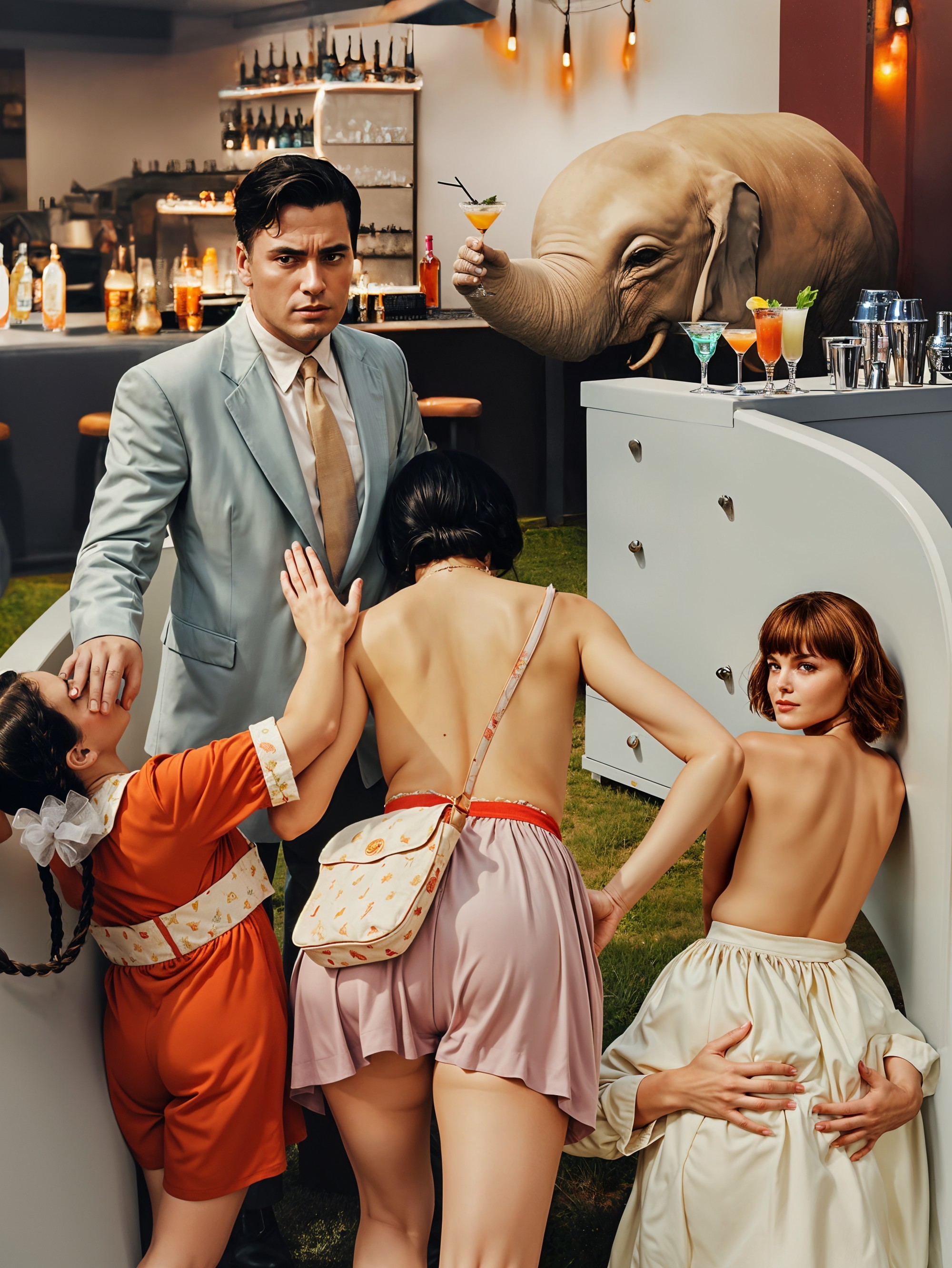 Man in Blue Suit Surrounded by Women and Elephant