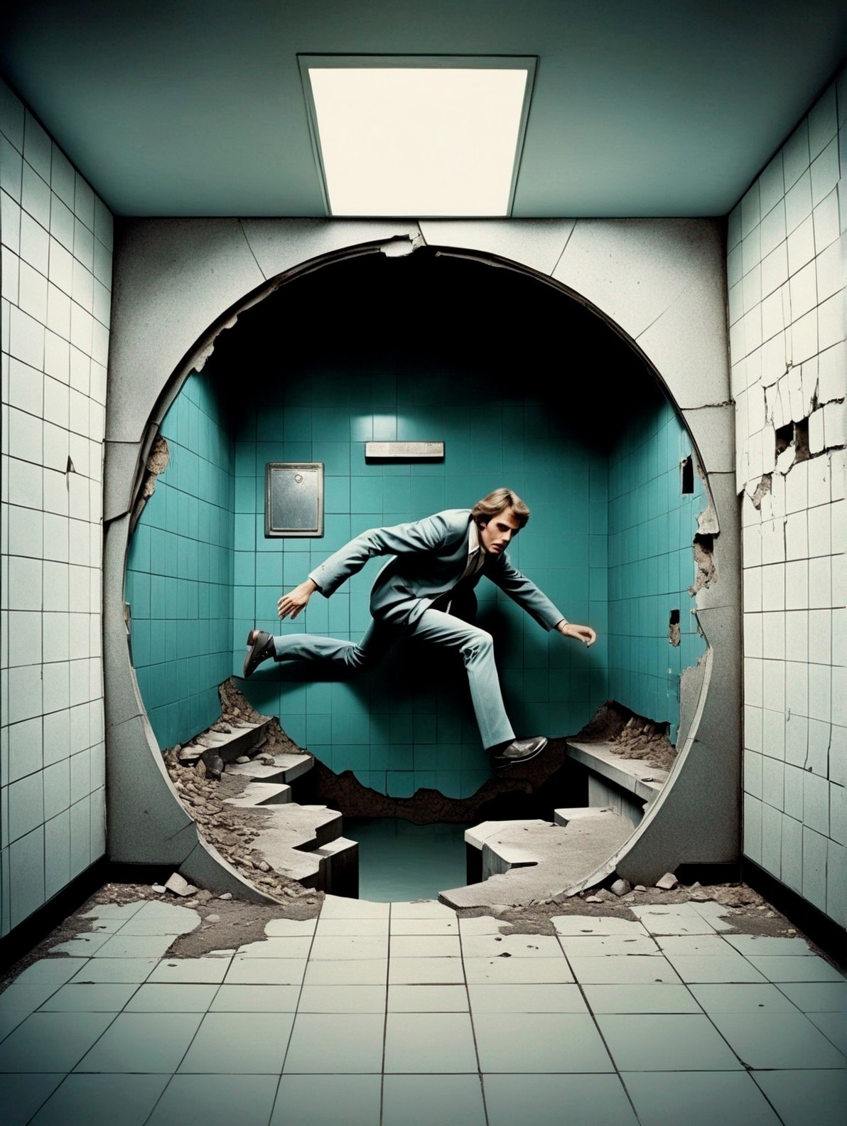 Man in Suit Leaps Through Hole in Tiled Room