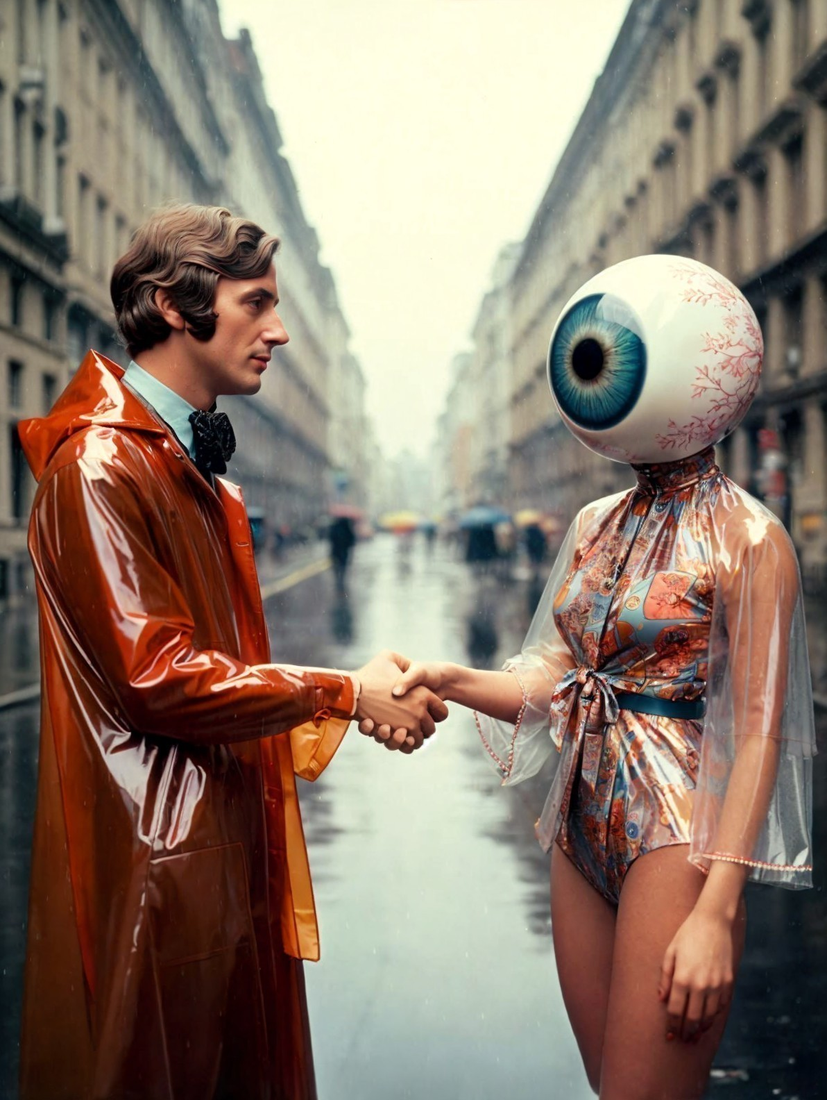 Surreal Urban Scene with Eyeball Head and Raincoat
