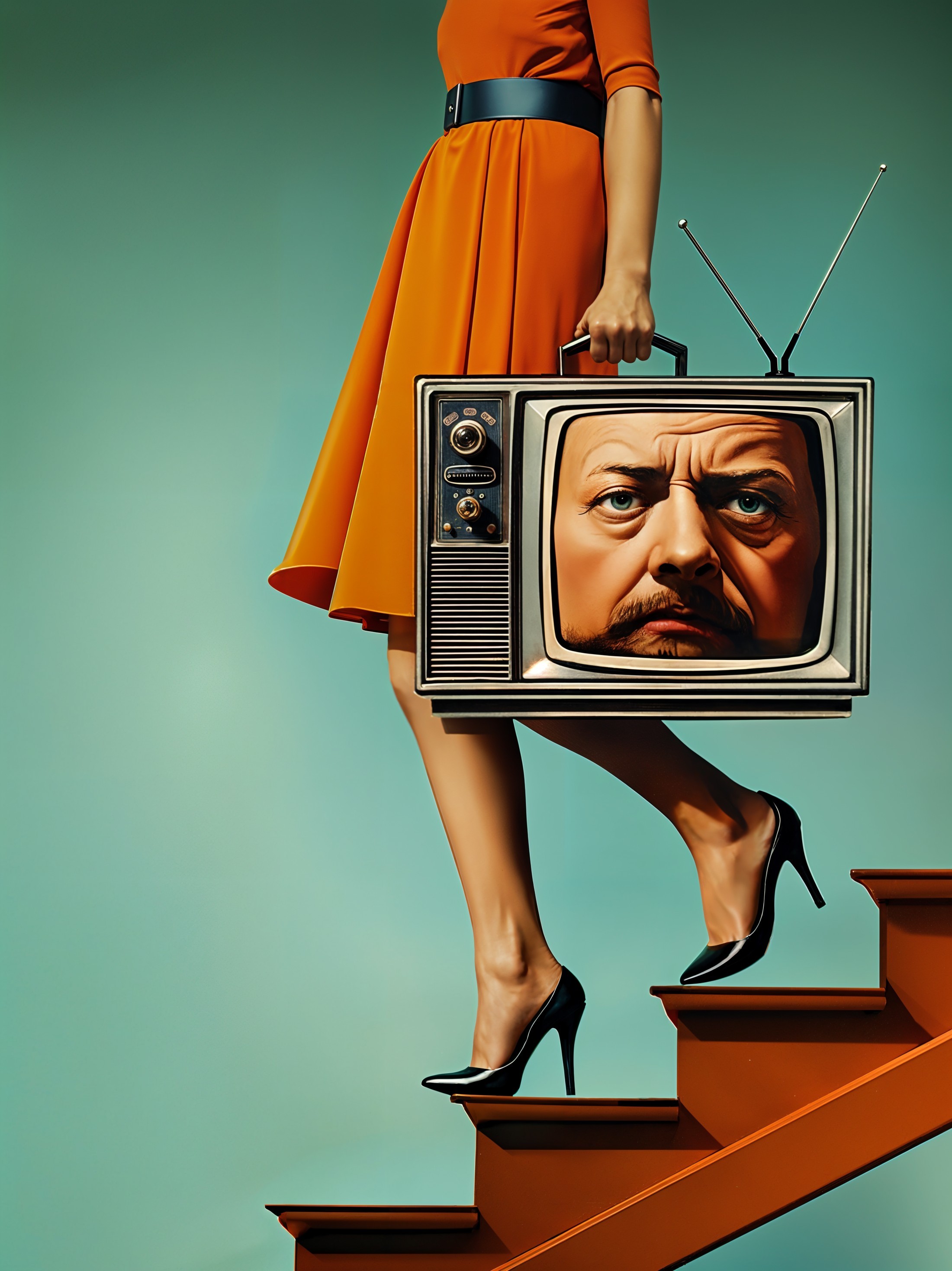 Woman in Orange Dress with TV on Staircase