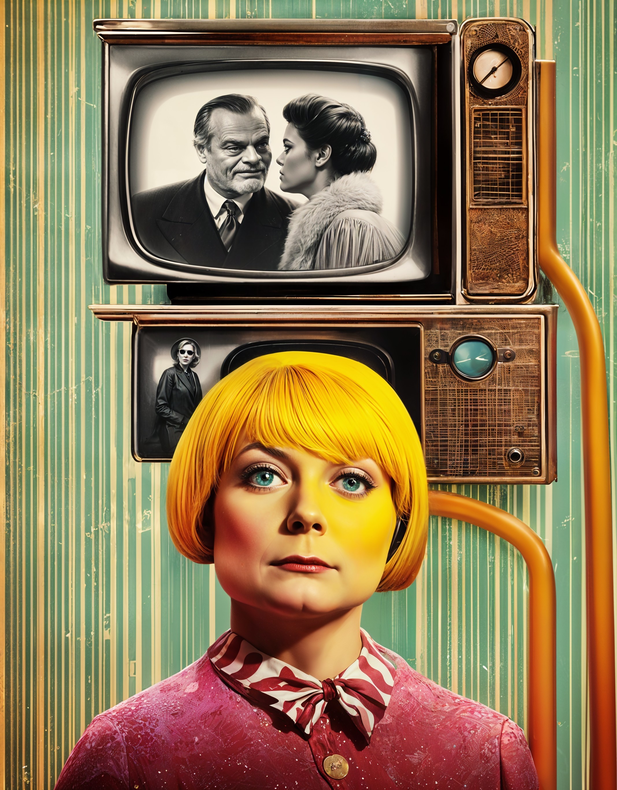 Woman with Yellow Bob and Vintage Pink Outfit