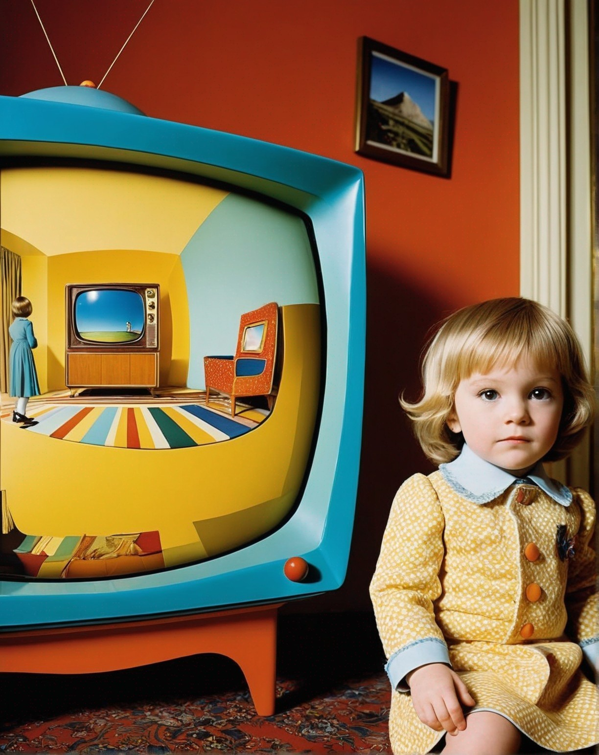 Child on patterned rug in front of retro television set