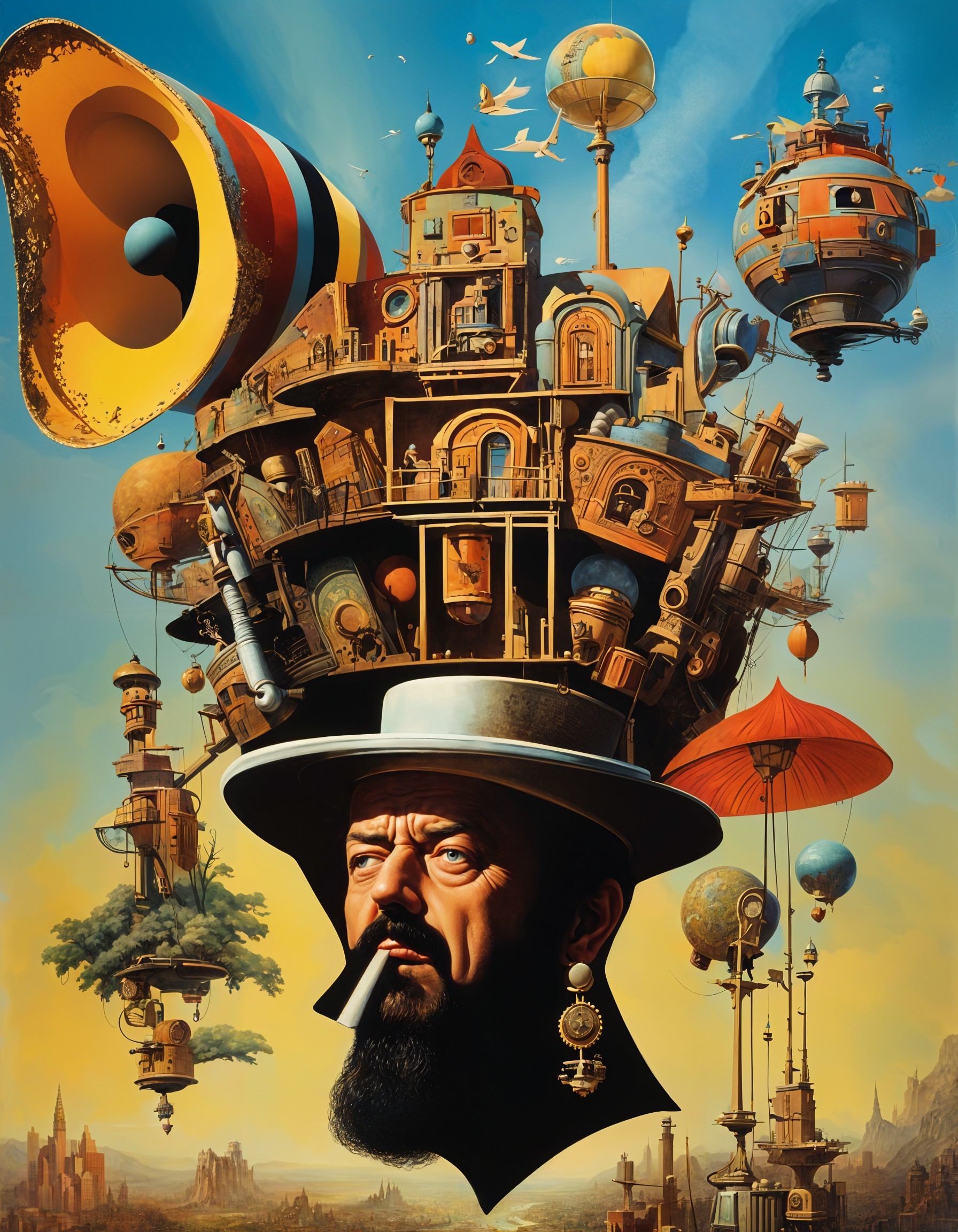 Surreal Character with Cityscape and Whimsical Elements