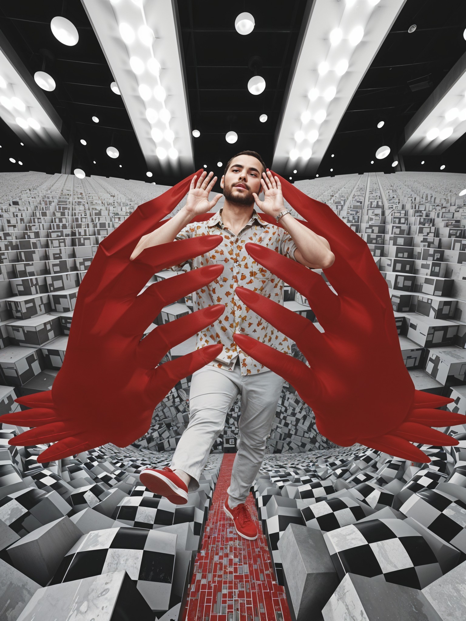 Surreal Scene with Geometric Shapes and Oversized Hands