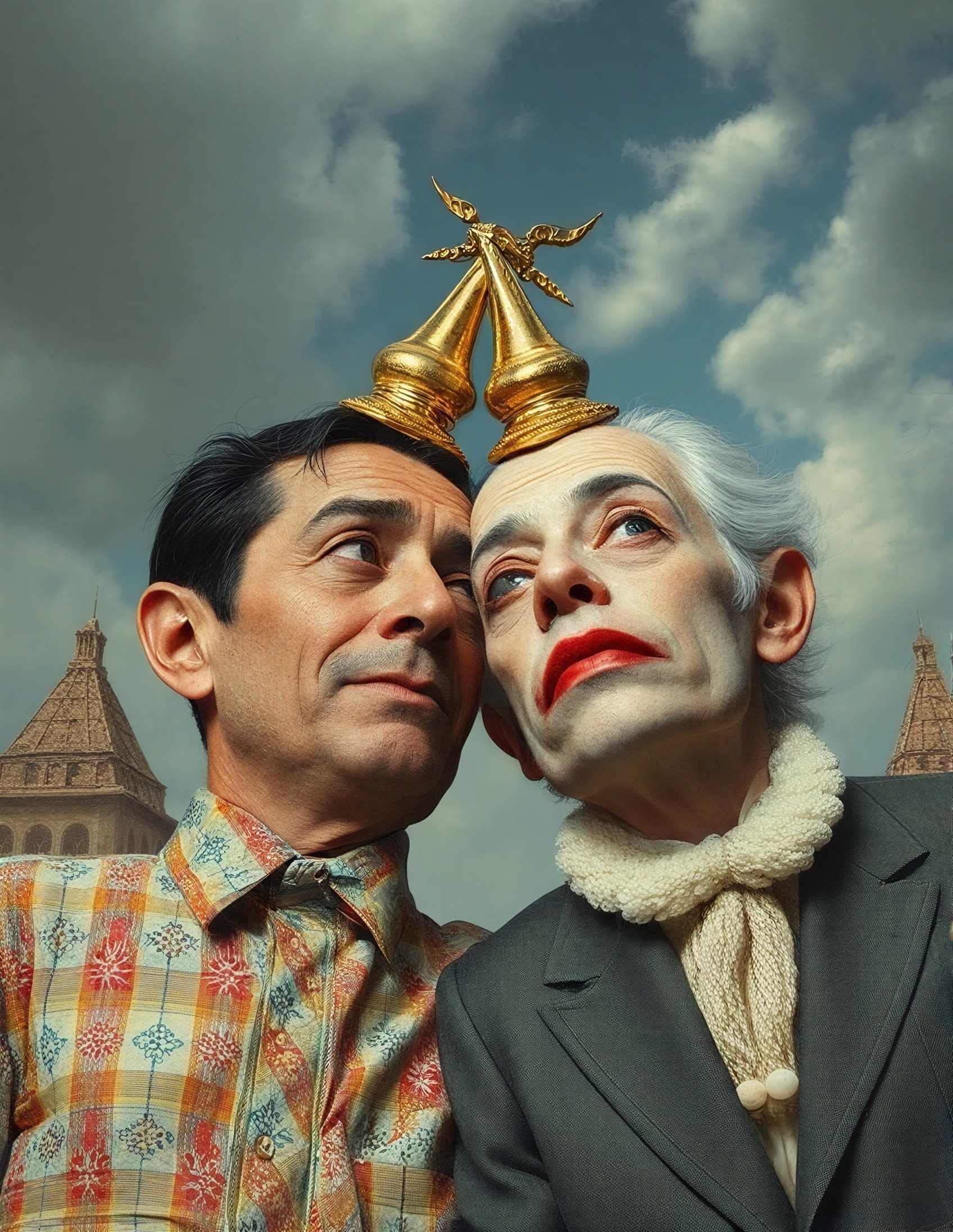 Two Male Figures with Chess Pieces and Cloudy Sky