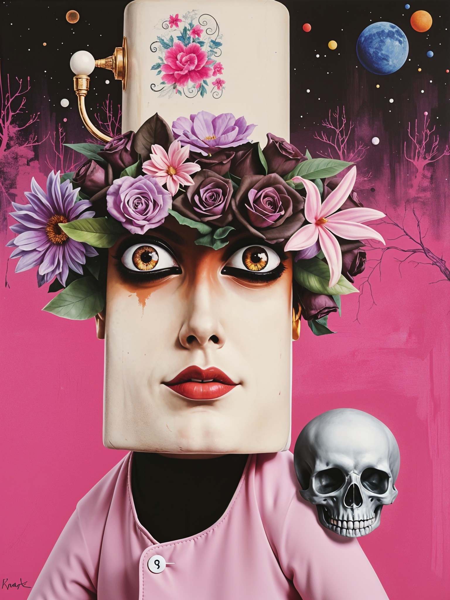 Surreal Character with Refrigerator Head and Cosmic Background