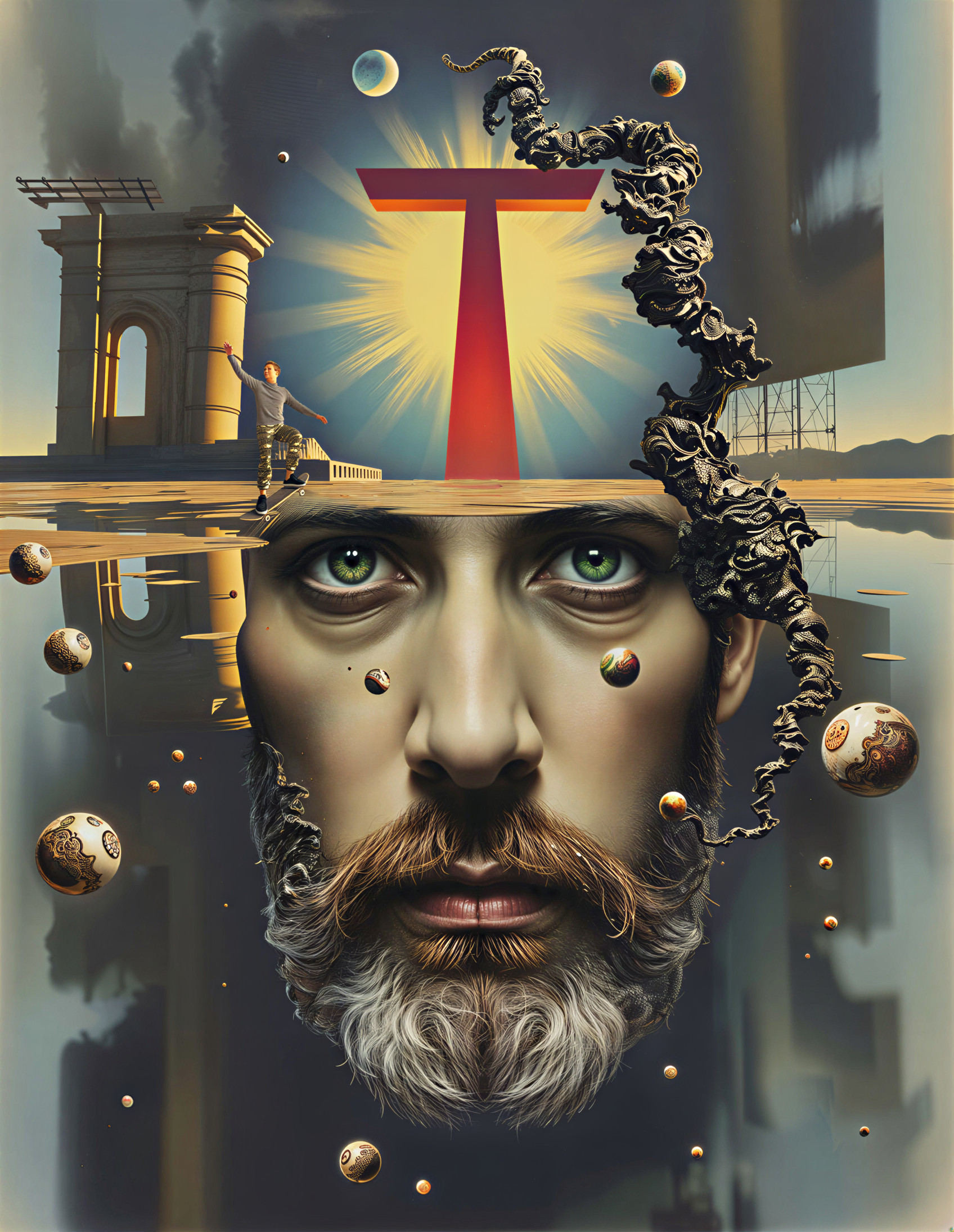 Surreal portrait of a man with glowing red "T