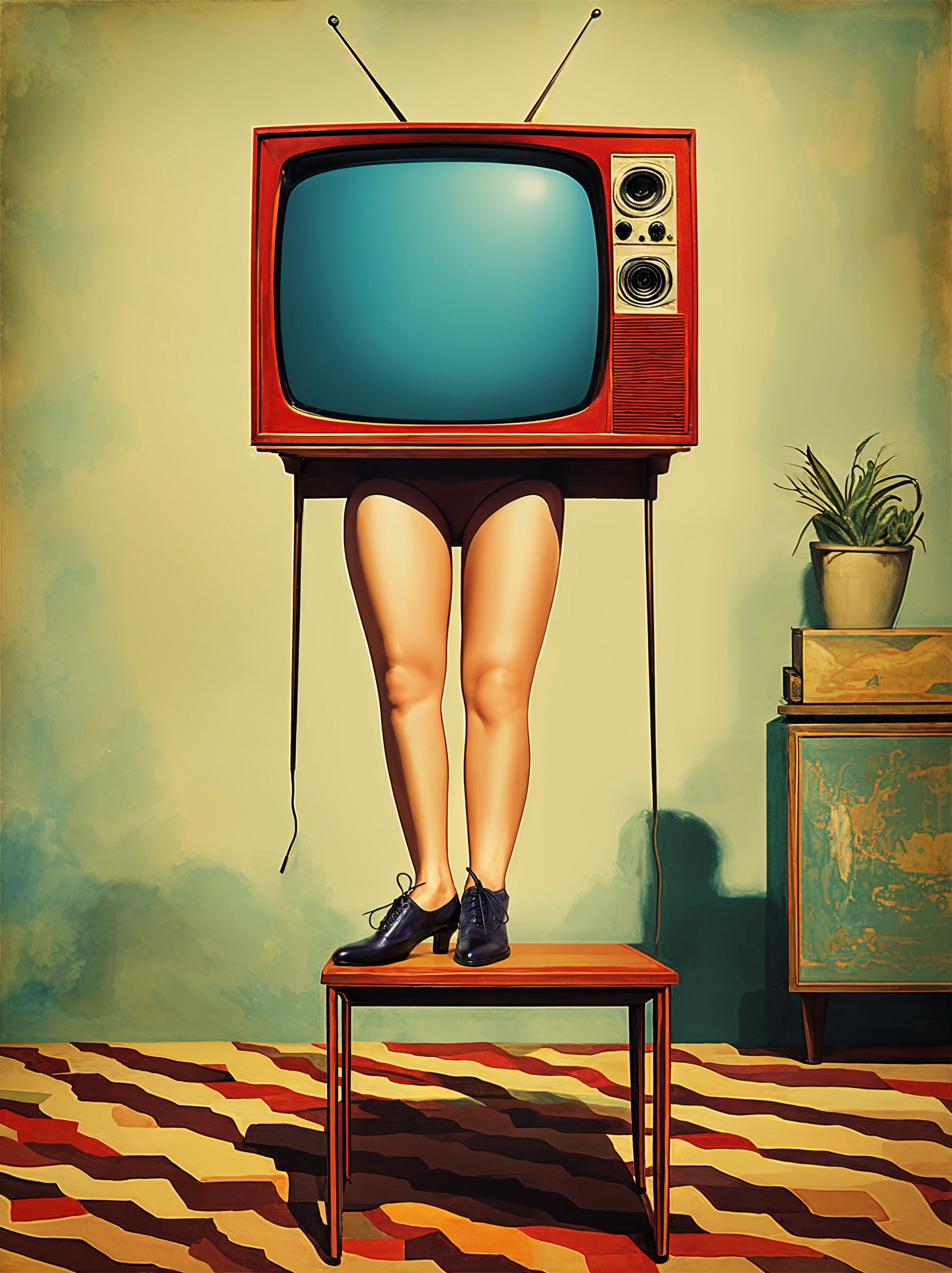 Surreal Scene of a Person with Vintage TV Head