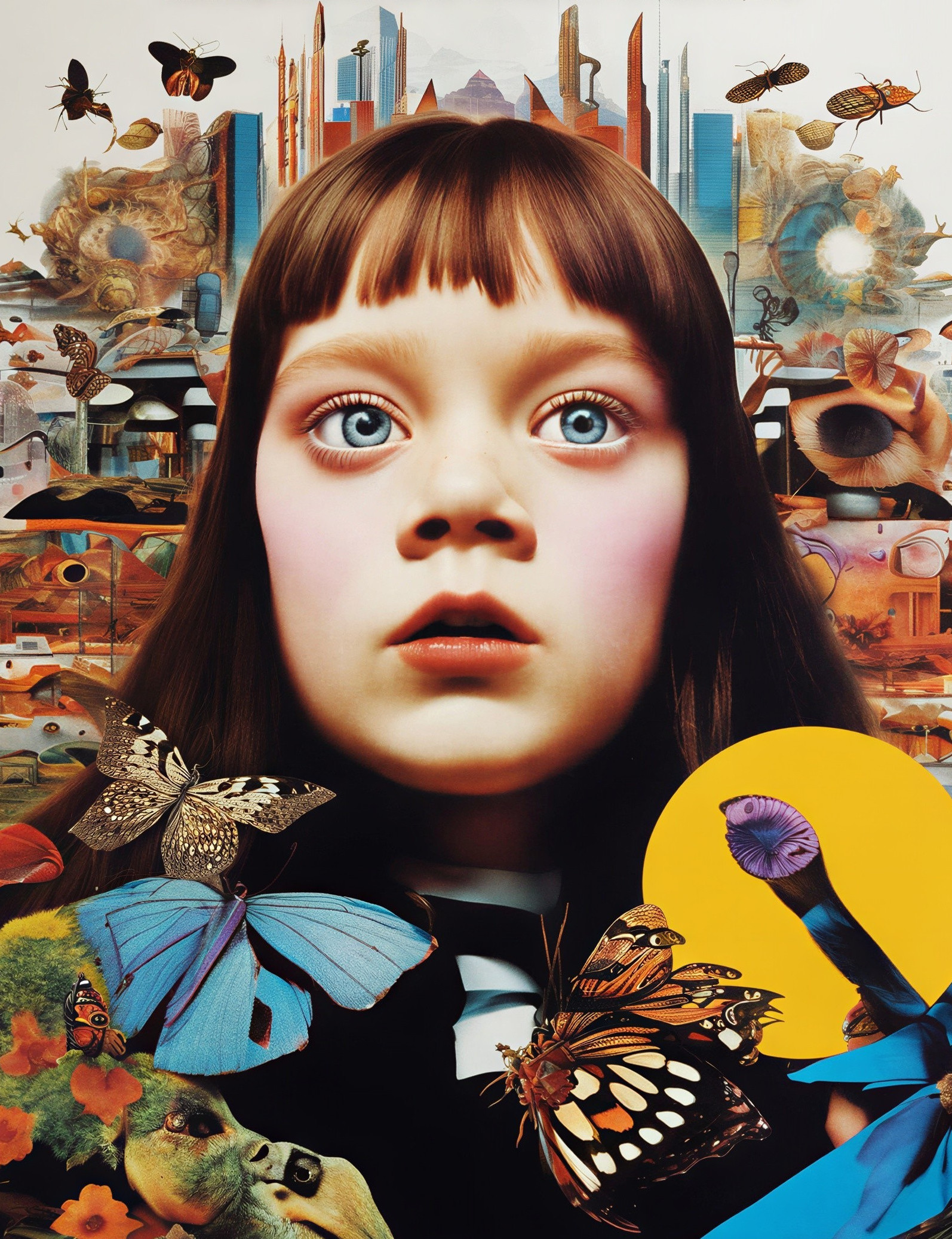 Close-Up Collage of a Young Girl with Cityscape Background