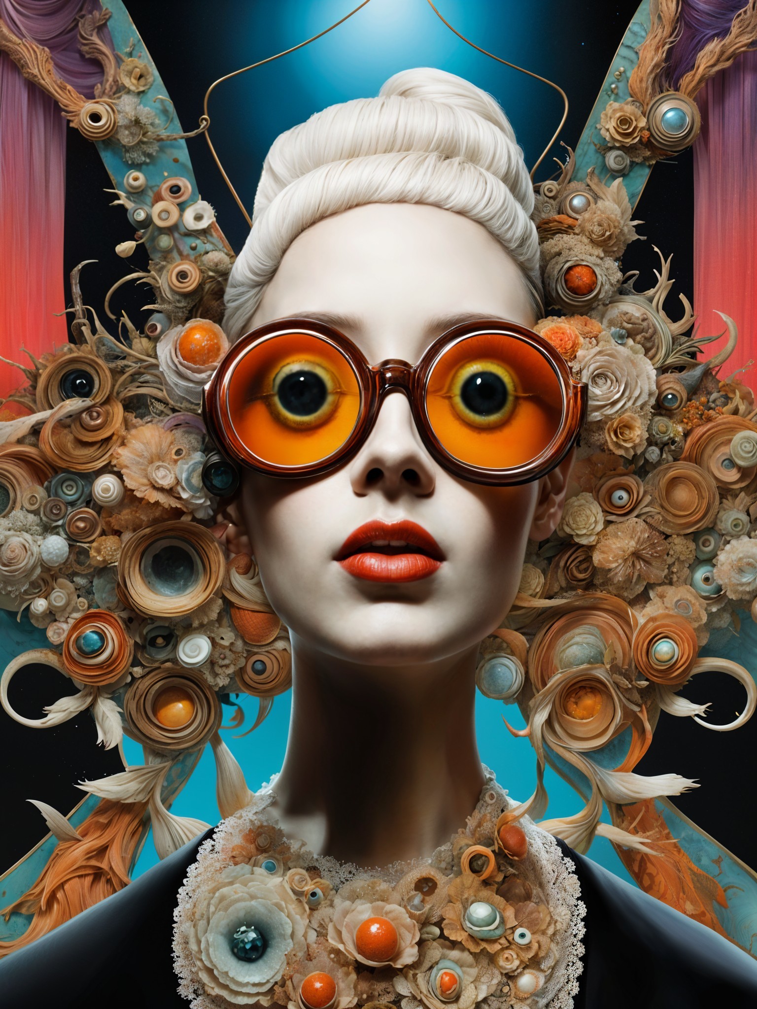 Portrait of a Woman with Floral Hairstyle and Sunglasses