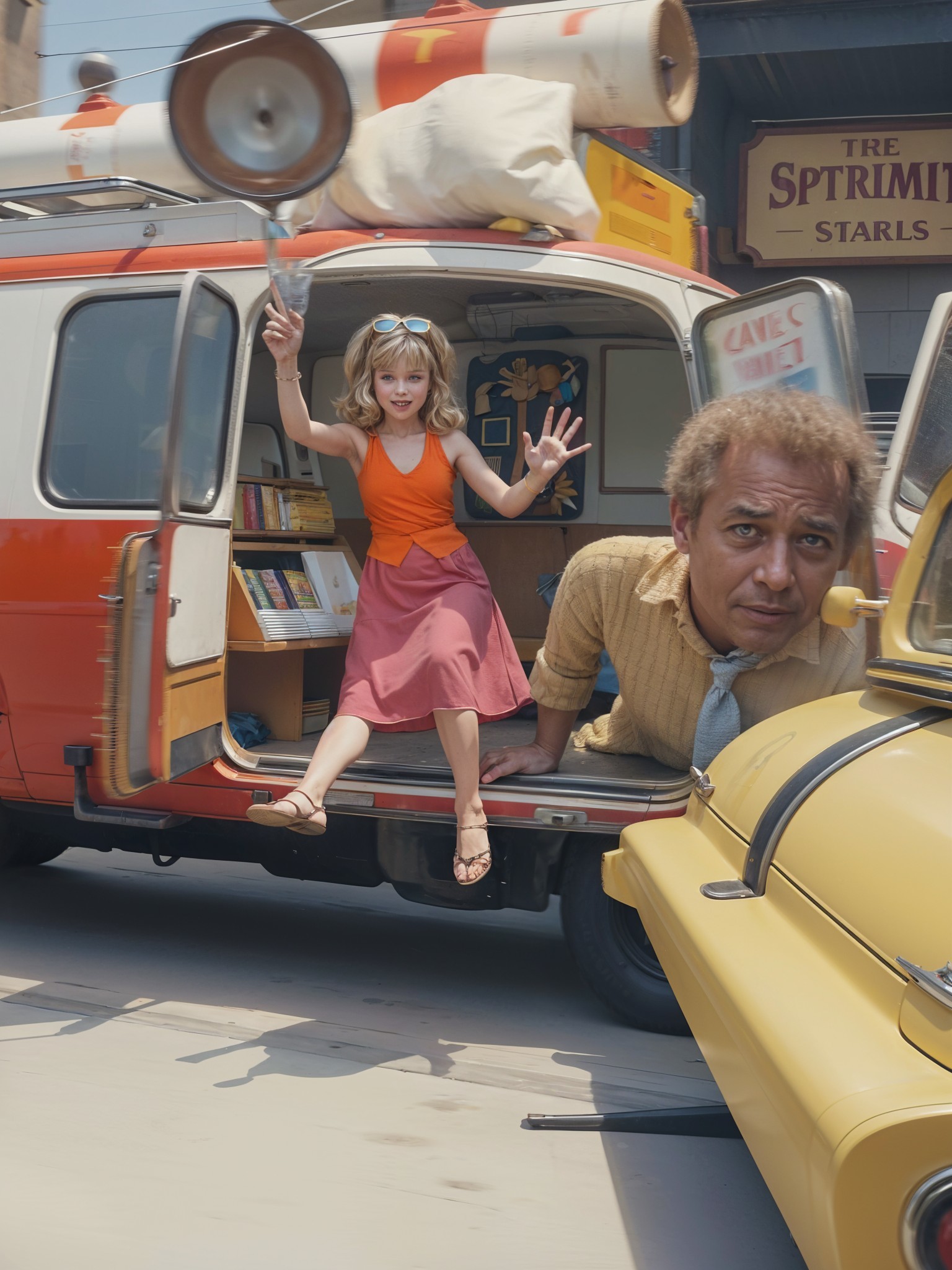 Young Girl Leaps from Van in Colorful City Scene