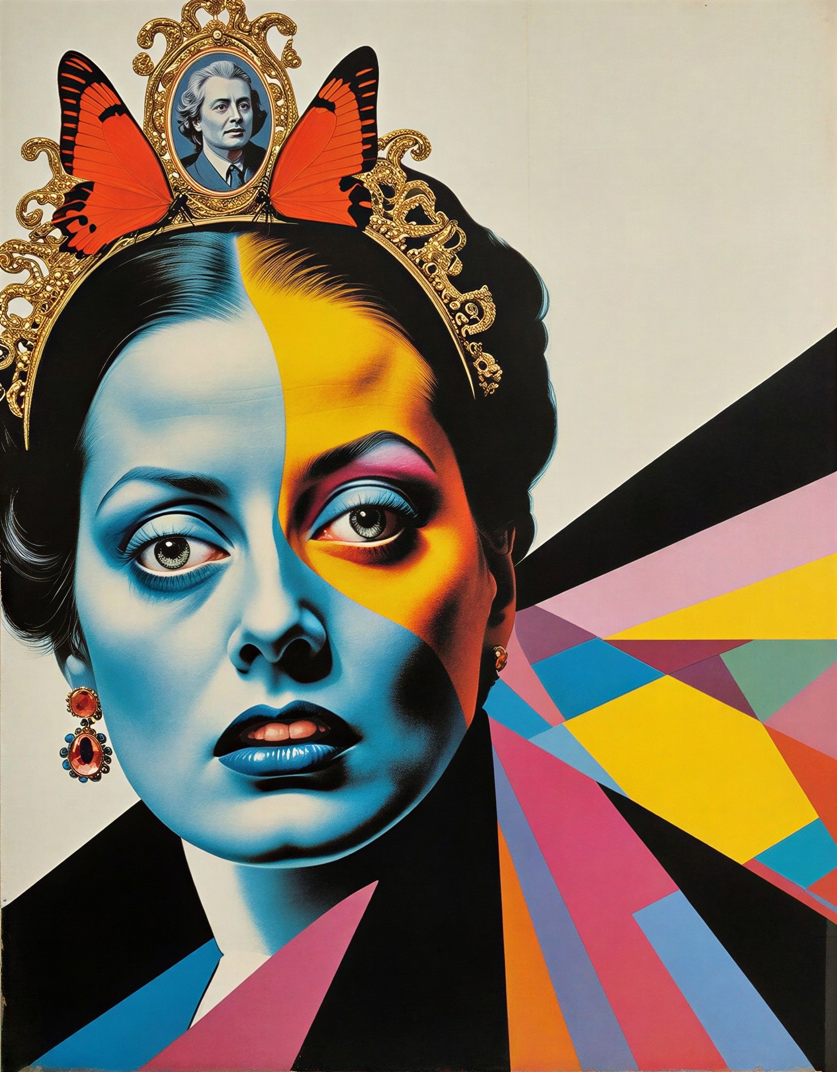 Pop Art Digital Painting of Woman with Crown and Butterflies