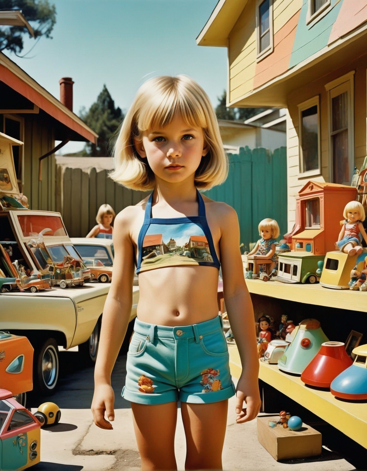Young Girl in Colorful Vintage Toy Setting