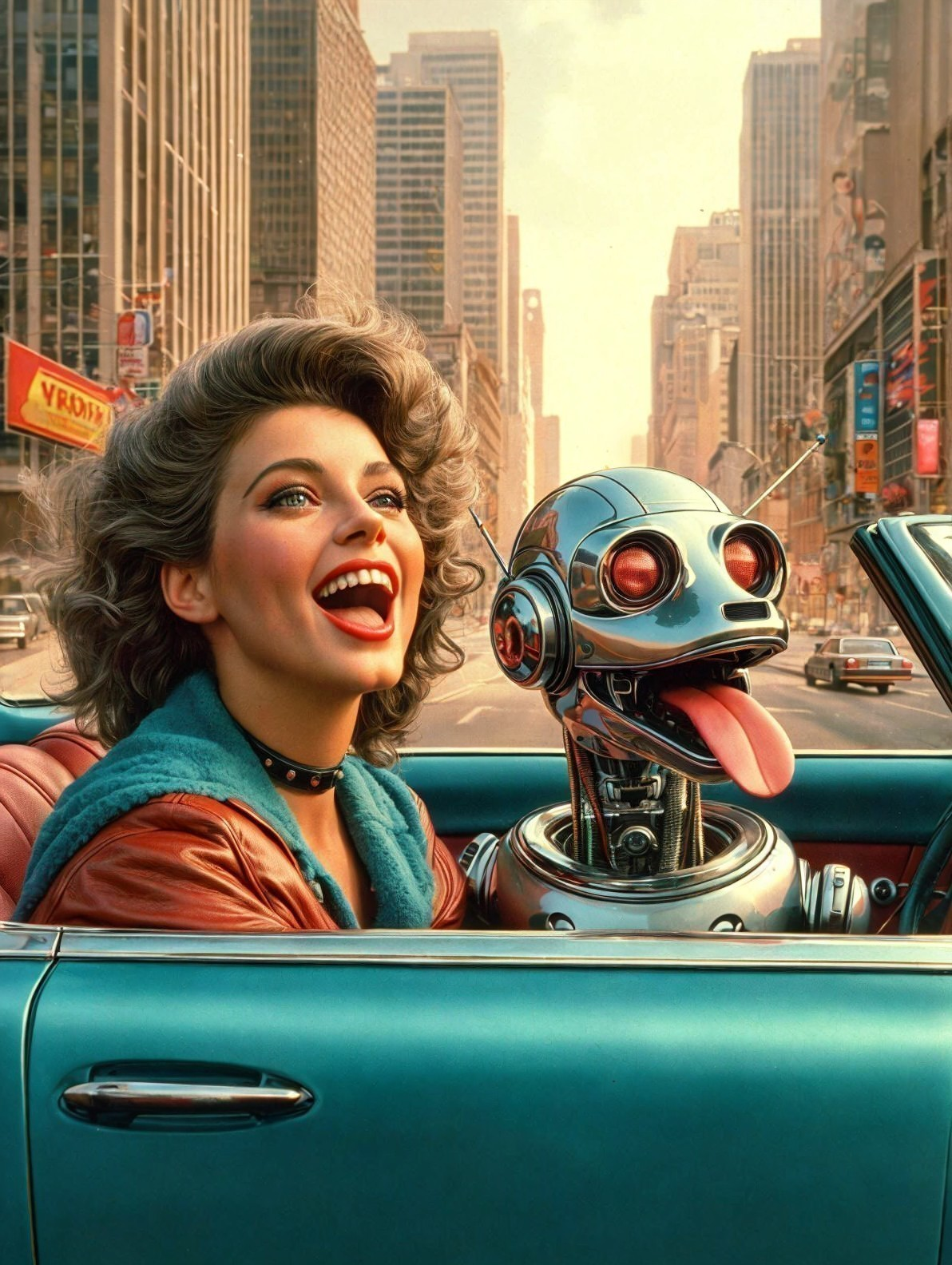 Retro Woman in Convertible with Playful Robot in City