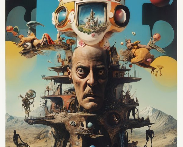 Surreal Landscape with Expressive Face and Whimsical Elements