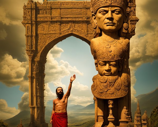 Majestic stone archway with carved statues and sky